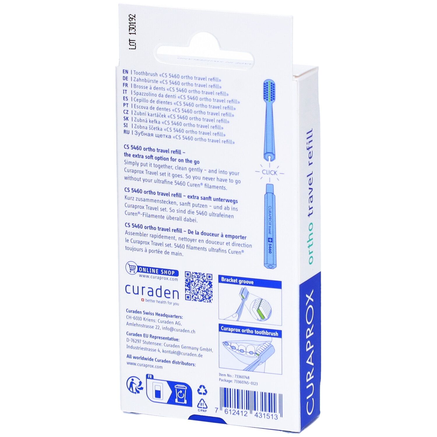 Rückseite der Verpackung. Illustrationen und Text in mehreren Sprachen. Aufdruck: CURAPROX, ortho travel refill.
