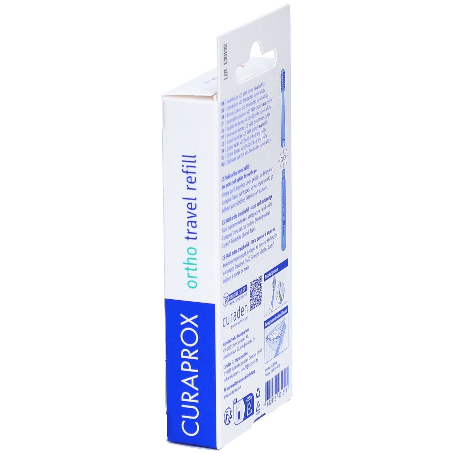 Verpackung, Seitenansicht. Aufdruck: CURAPROX, ortho travel refill. Illustrationen und Text.