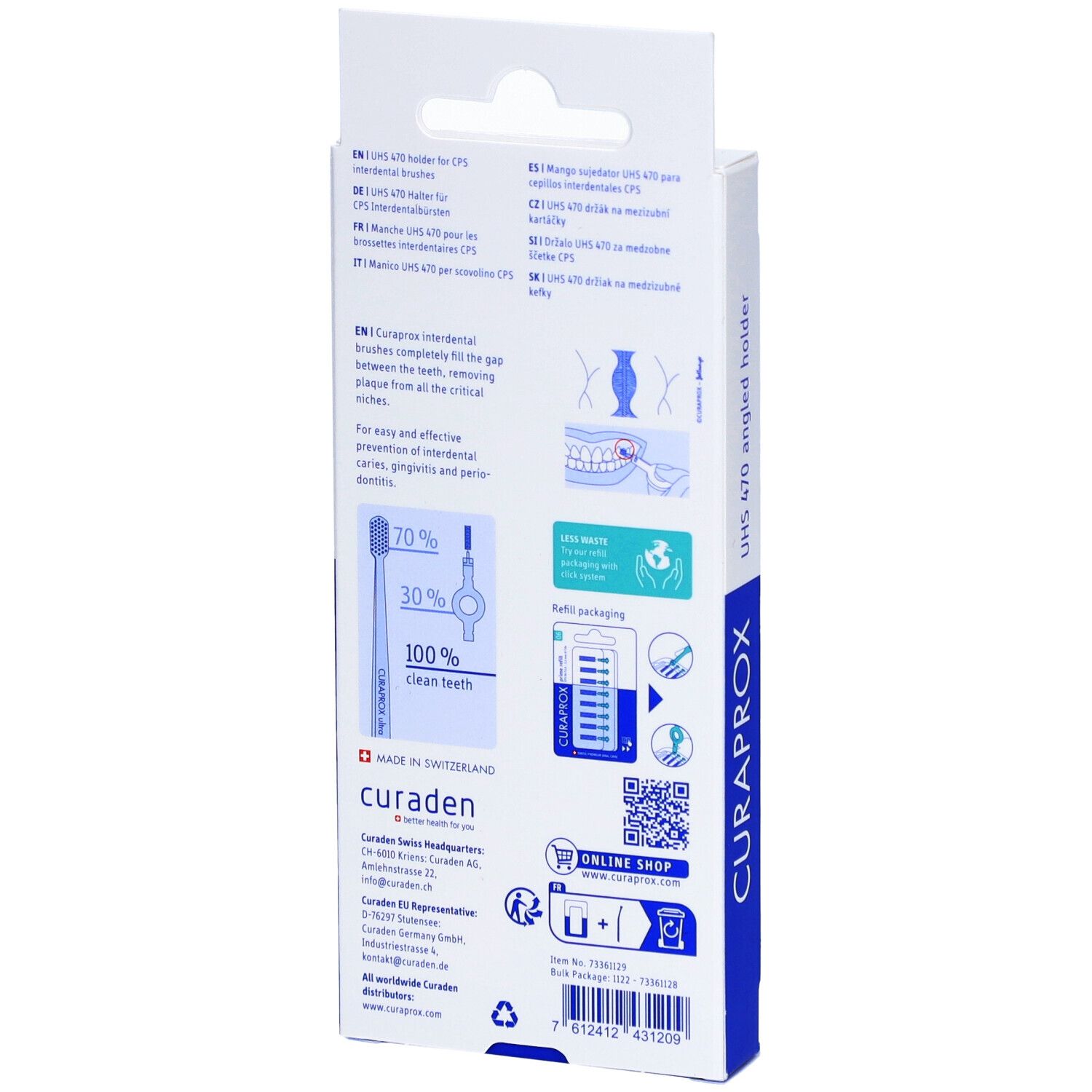 Dos de la boîte. Informations sur les supports, code QR, marque CURAPROX, Swiss Made.