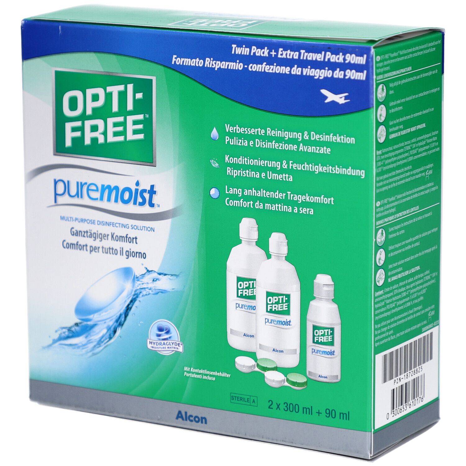Verpackung OPTI-FREE PureMoist. Enthält zwei 300ml Flaschen, eine 90ml Flasche und Kontaktlinsenbehälter. Grün-weiße Box mit Produktnamen.