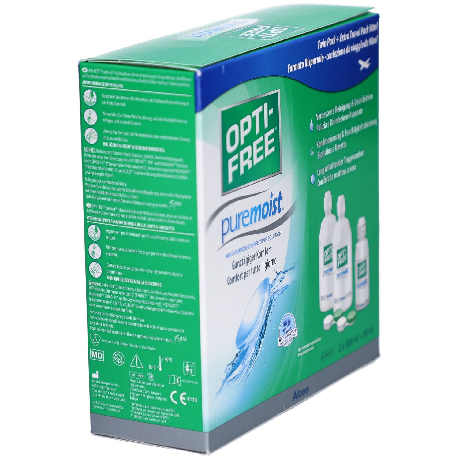 Seitenansicht der OPTI-FREE PureMoist Verpackung. Grün-weiße Box mit Produktinformationen und Logos. Enthält Produktabbildungen.