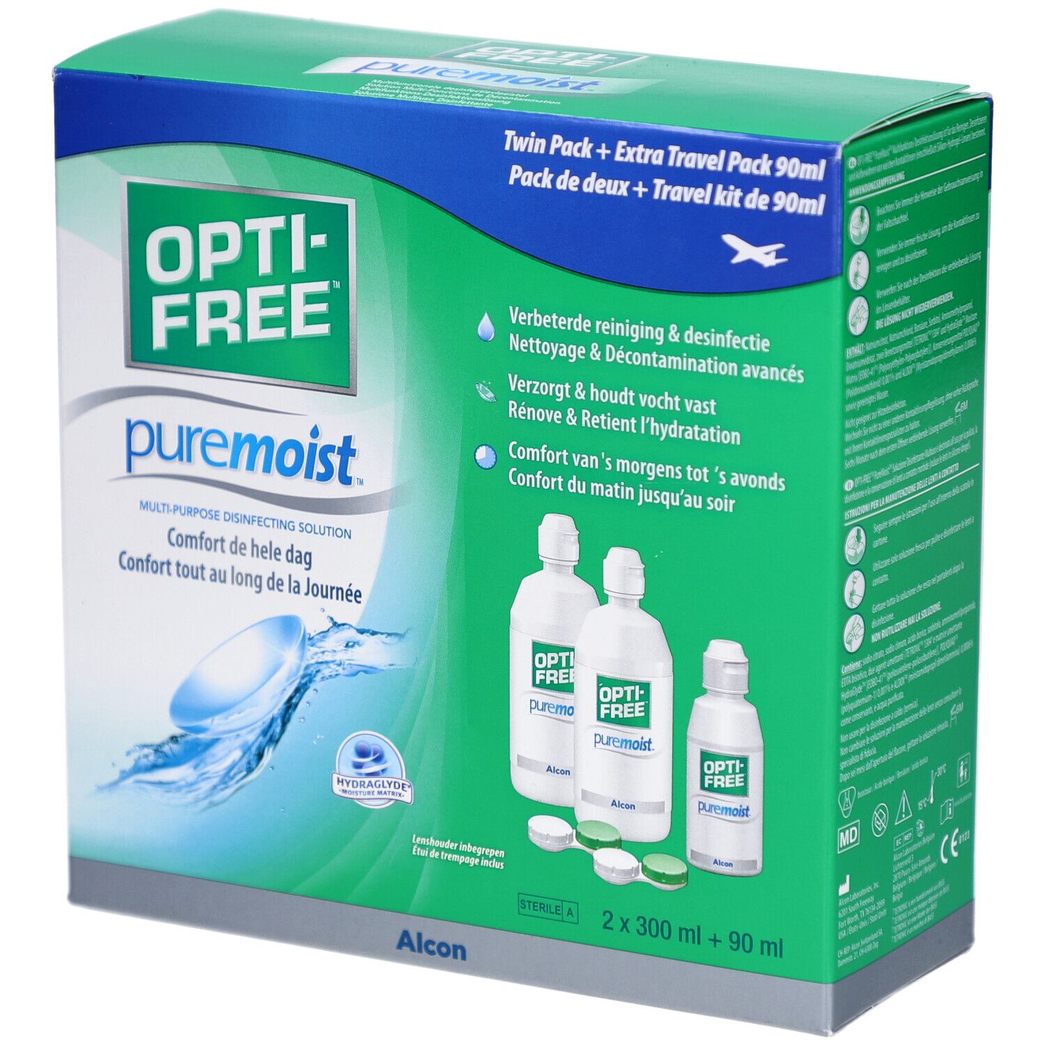 OPTI-FREE PureMoist Verpackung. Enthält zwei 300ml Flaschen, eine 90ml Flasche und Kontaktlinsenbehälter. Grün-weiße Box mit Produktnamen.