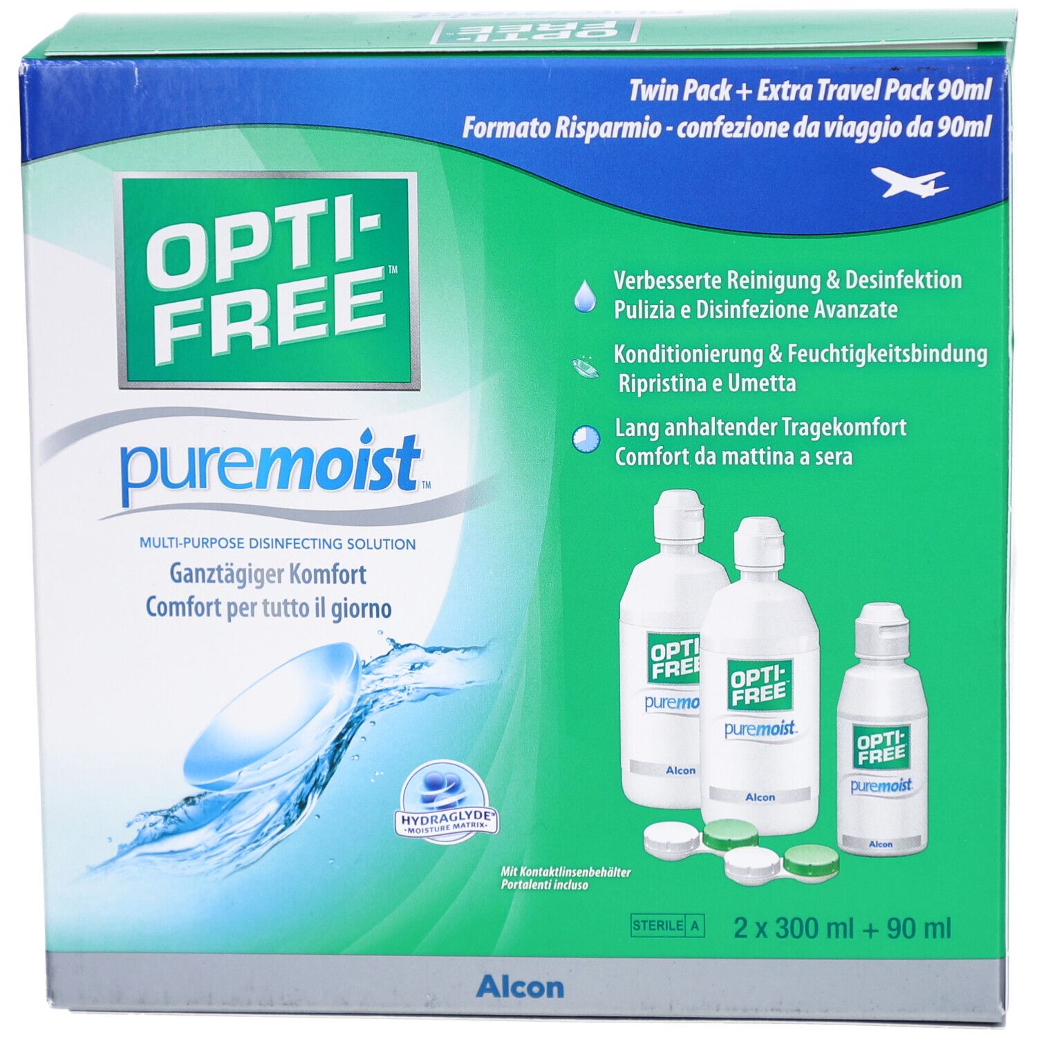 Verpackung OPTI-FREE PureMoist. Enthält zwei 300ml Flaschen, eine 90ml Flasche und Kontaktlinsenbehälter. Grün-weiße Box mit Produktnamen.