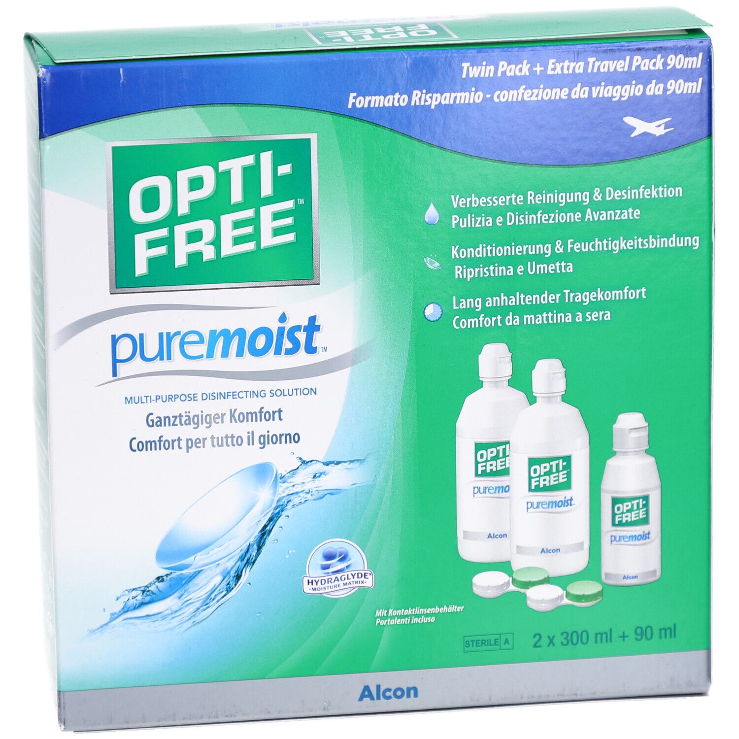 Verpackung OPTI-FREE PureMoist. Enthält zwei 300ml Flaschen, eine 90ml Flasche und Kontaktlinsenbehälter. Grün-weiße Box mit Produktnamen.