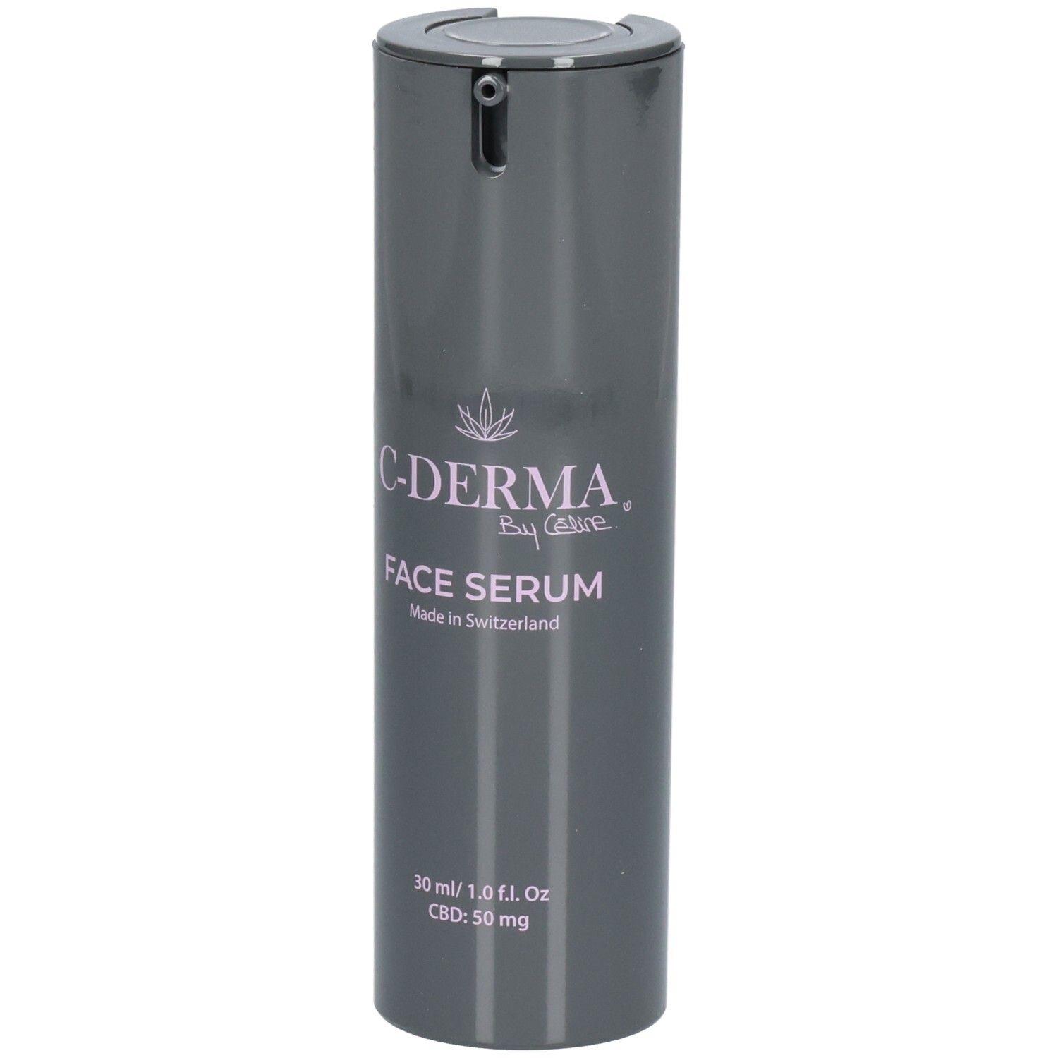 Grauer Spender mit C-DERMA Gesichtsserum, 30 ml, 50 mg CBD.
