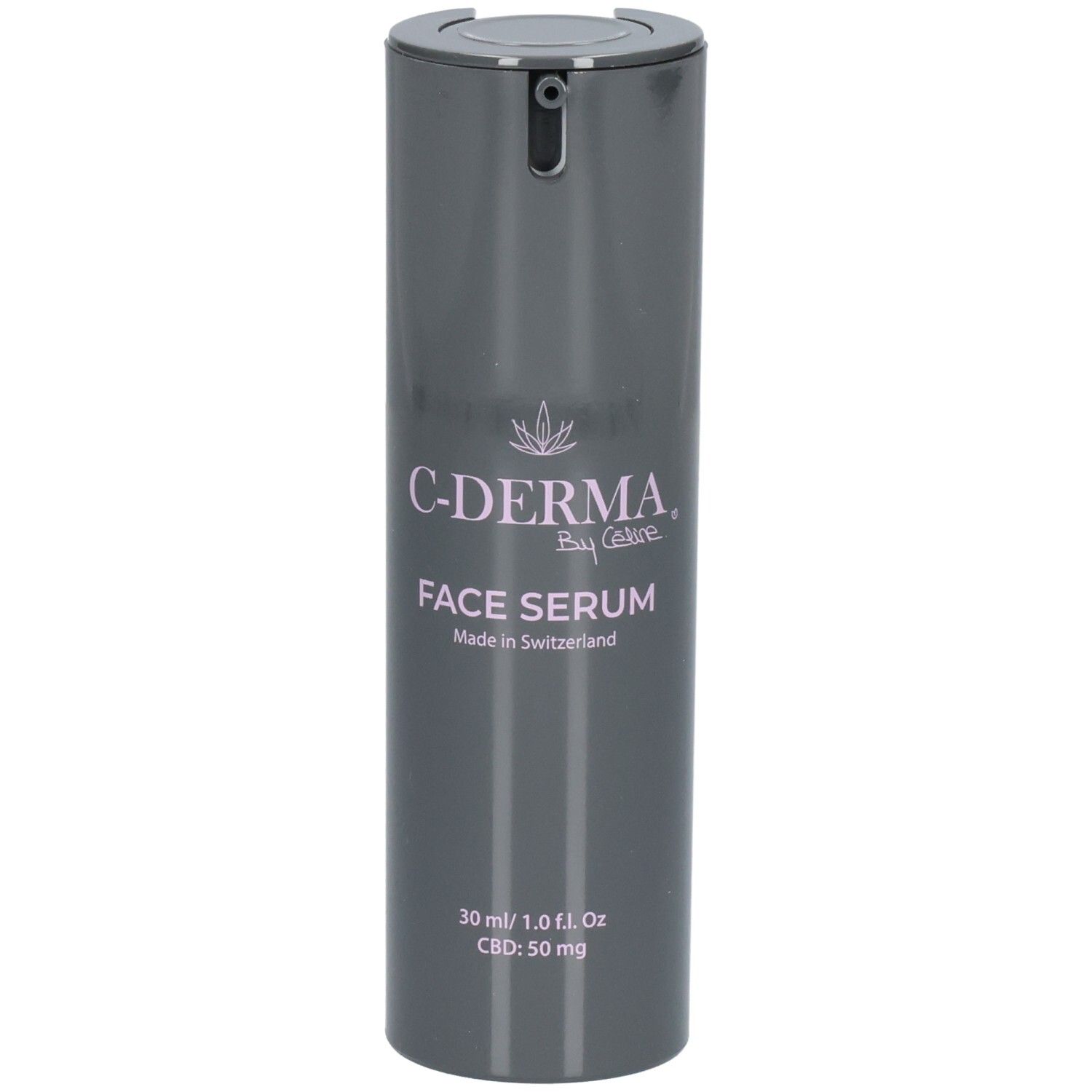 Grauer Spender mit C-DERMA Gesichtsserum, 30 ml, 50 mg CBD.