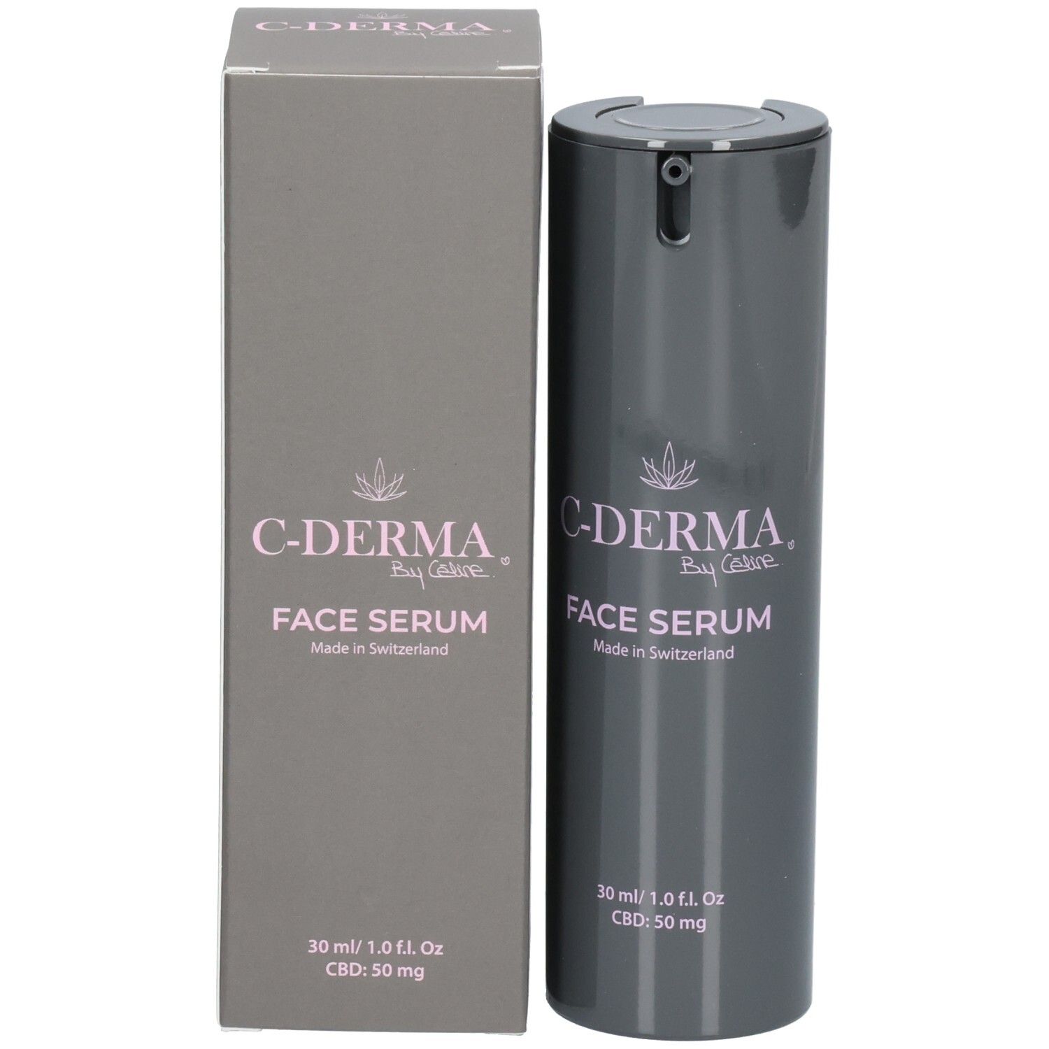 C-DERMA Gesichtsserum Spender und Verpackung, 30 ml, 50 mg CBD.