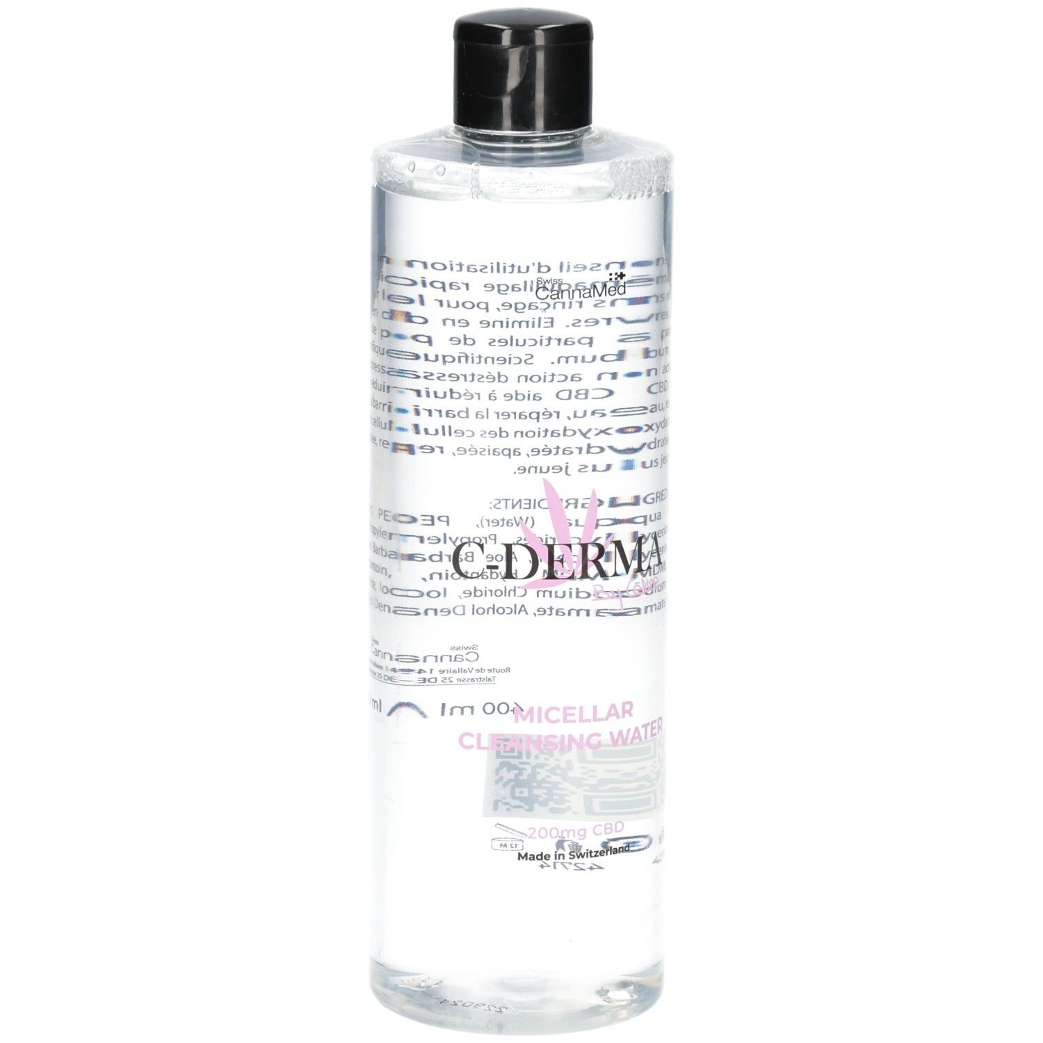 C-DERMA Mizellenwasser mit schwarzem Deckel, klare Flüssigkeit in durchsichtiger Flasche.
