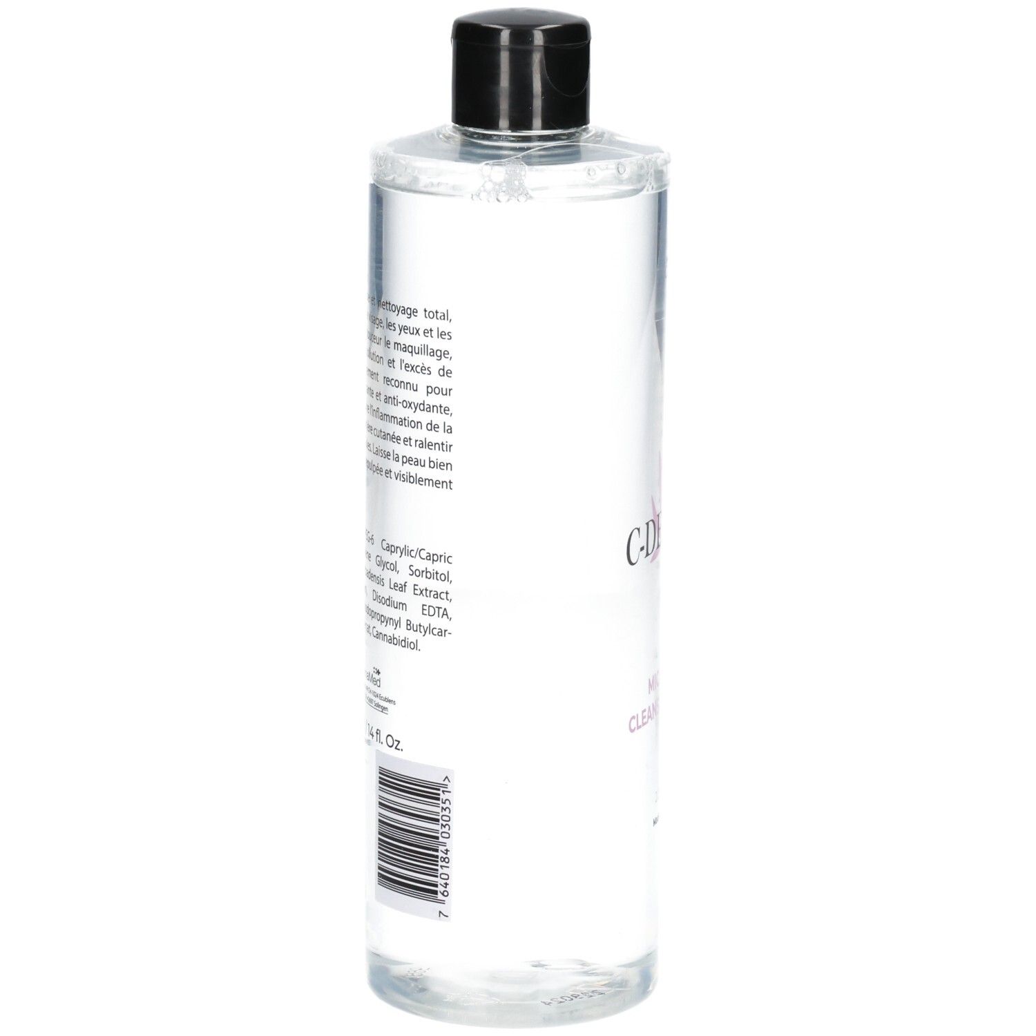 Rückseite C-DERMA Mizellenwasser Flasche mit Etikett und Barcode.