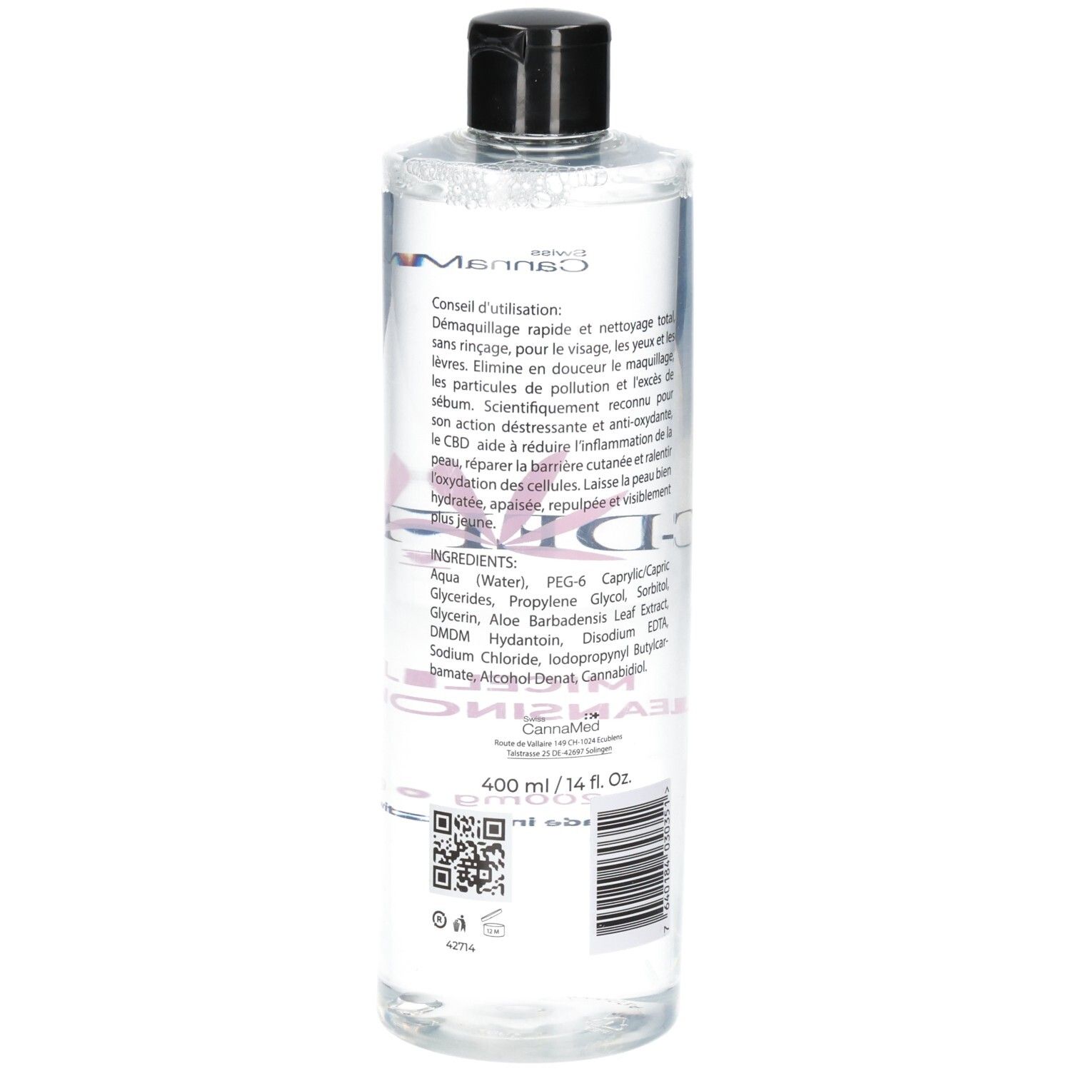 C-DERMA Mizellenwasser Flasche mit QR-Code und Mengenangabe 400 ml.