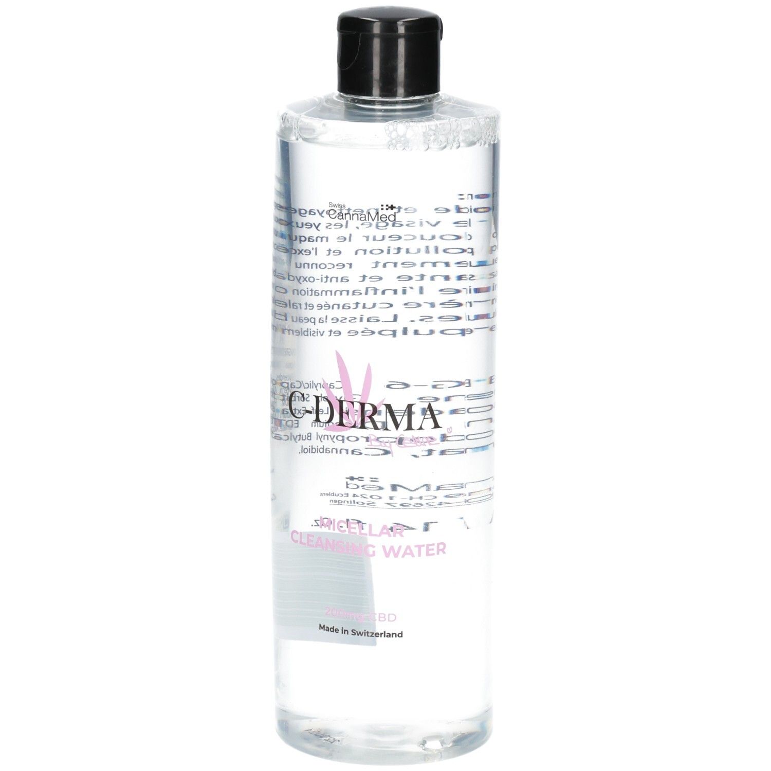 C-DERMA Mizellenwasser mit schwarzem Deckel, klare Flüssigkeit in durchsichtiger Flasche.