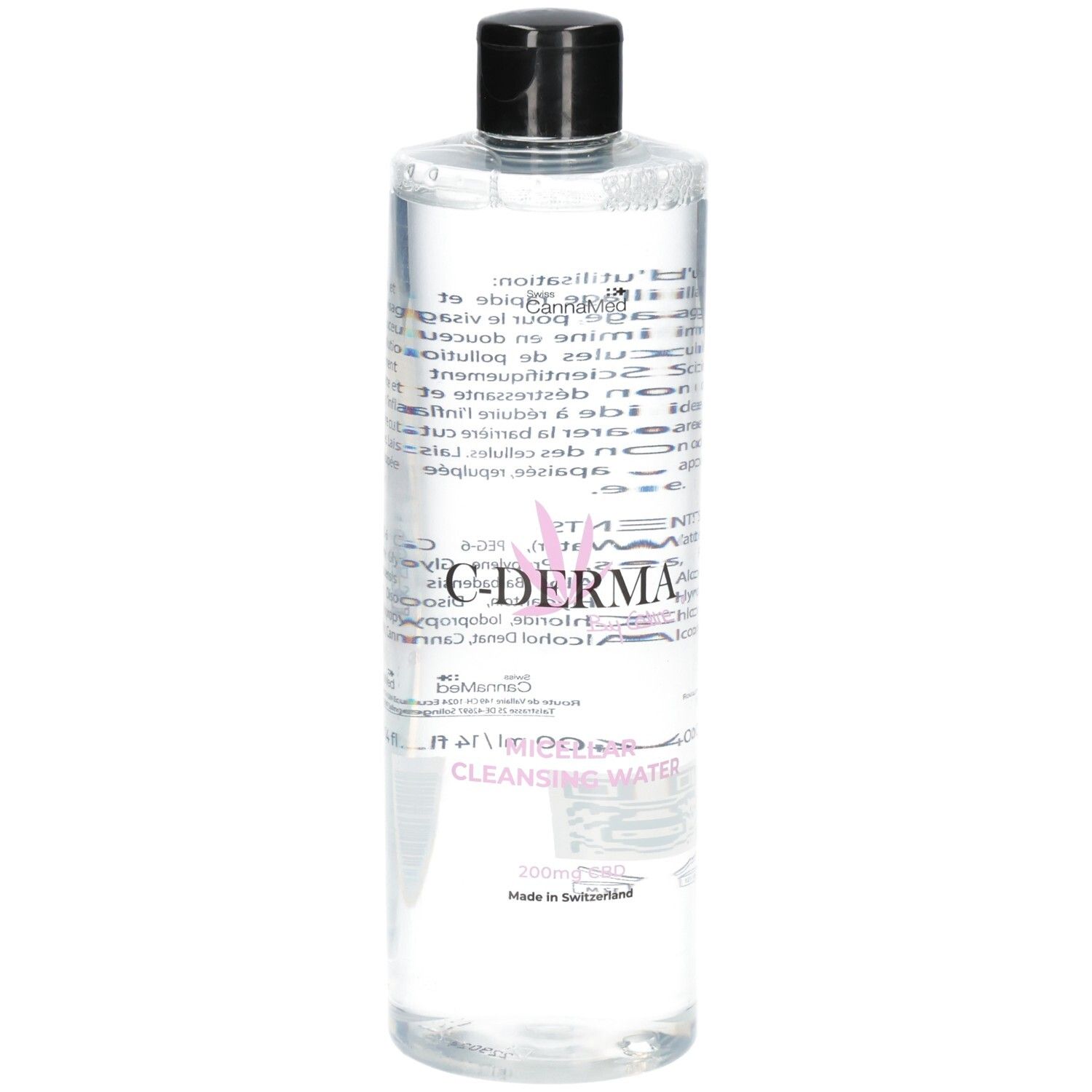 C-DERMA Mizellenwasser Flasche mit Etikett, klare Flüssigkeit, schwarzer Deckel.