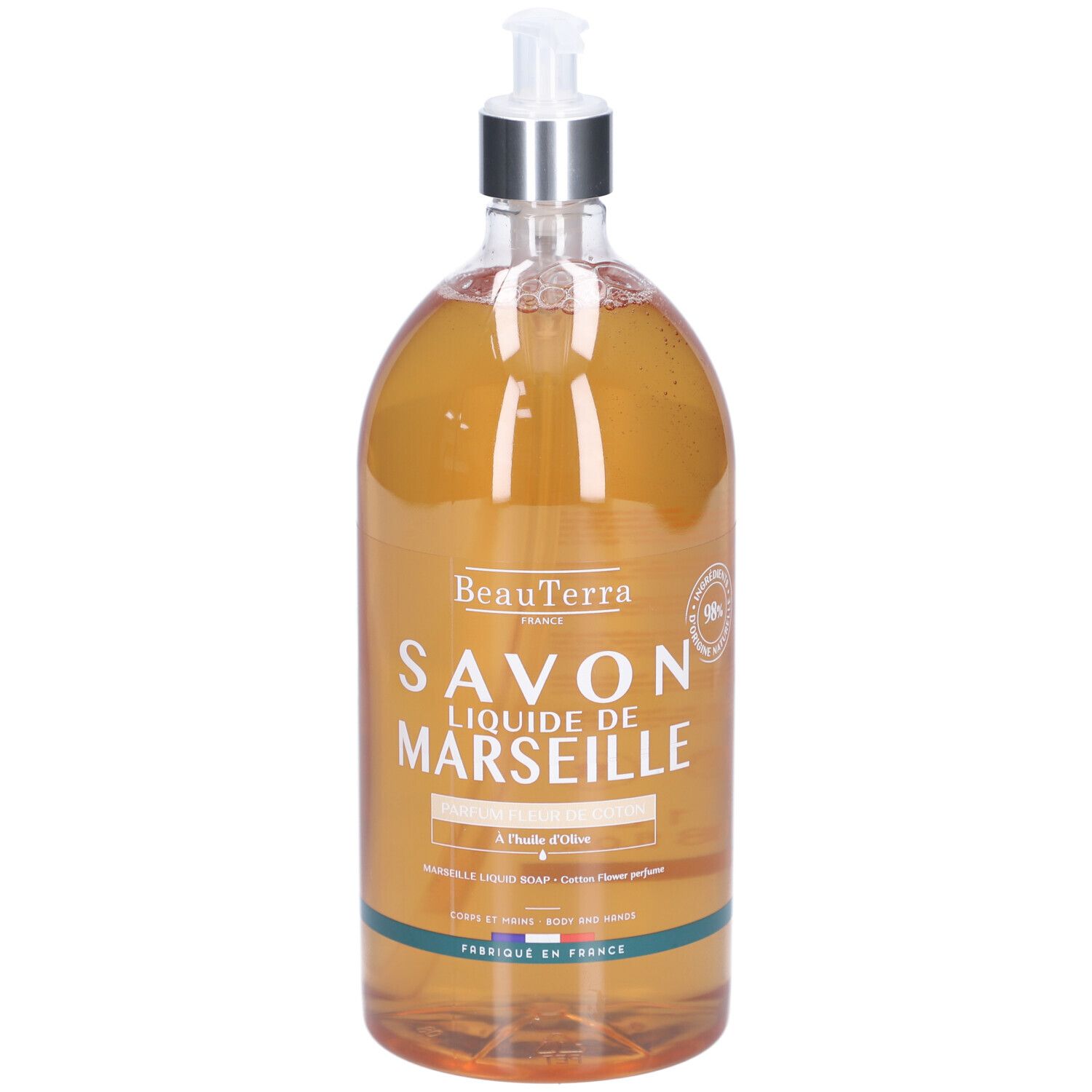 Flacon transparent de savon liquide avec pompe. Inscription: Savon Liquide de Marseille. Marque: BeauTerra.