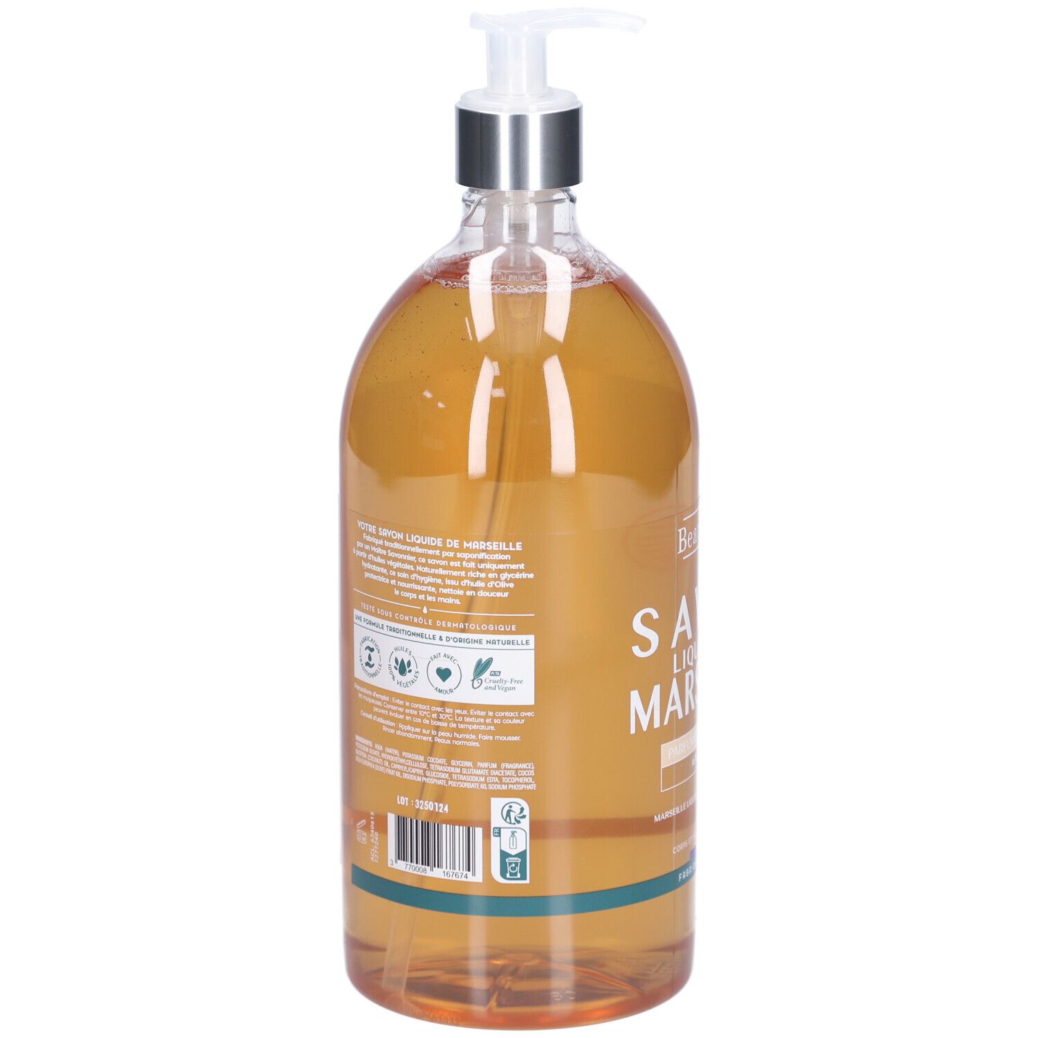 Vue arrière du flacon de savon liquide. Inscription: Savon Liquide de Marseille. Marque: BeauTerra. Avec certifications.