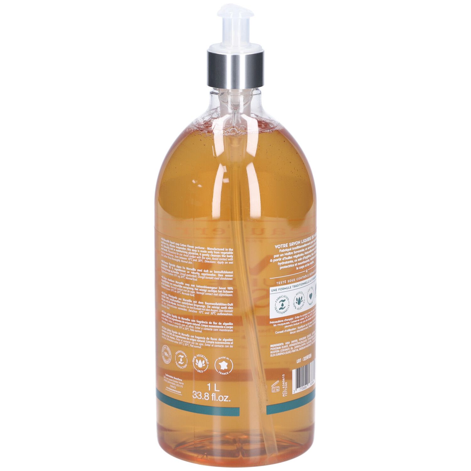 Vue arrière du flacon de savon liquide. Inscription: Savon Liquide de Marseille. Marque: BeauTerra. Avec indication de volume.