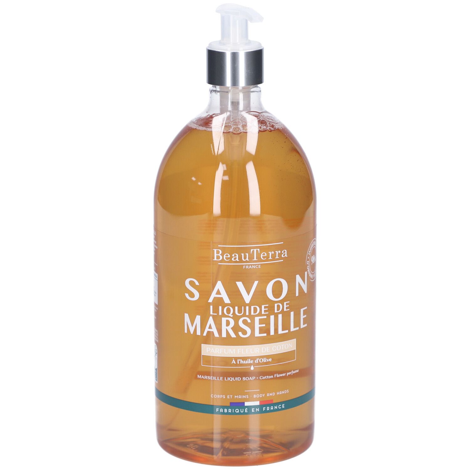 Flacon transparent de savon liquide avec pompe. Inscription: Savon Liquide de Marseille. Marque: BeauTerra.