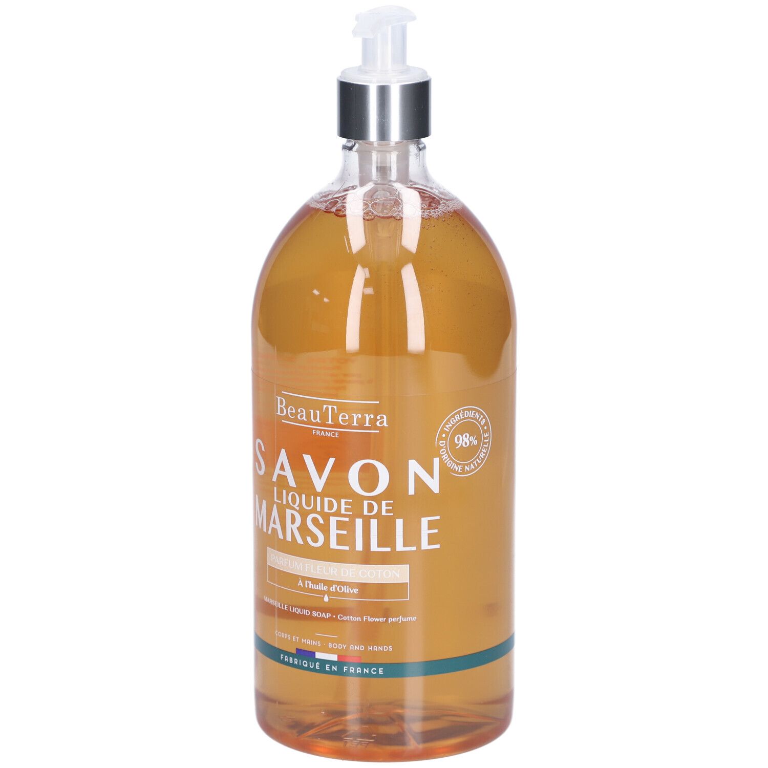 Flacon transparent de savon liquide avec pompe. Inscription: Savon Liquide de Marseille. Marque: BeauTerra. 98% ingrédients d'origine naturelle.