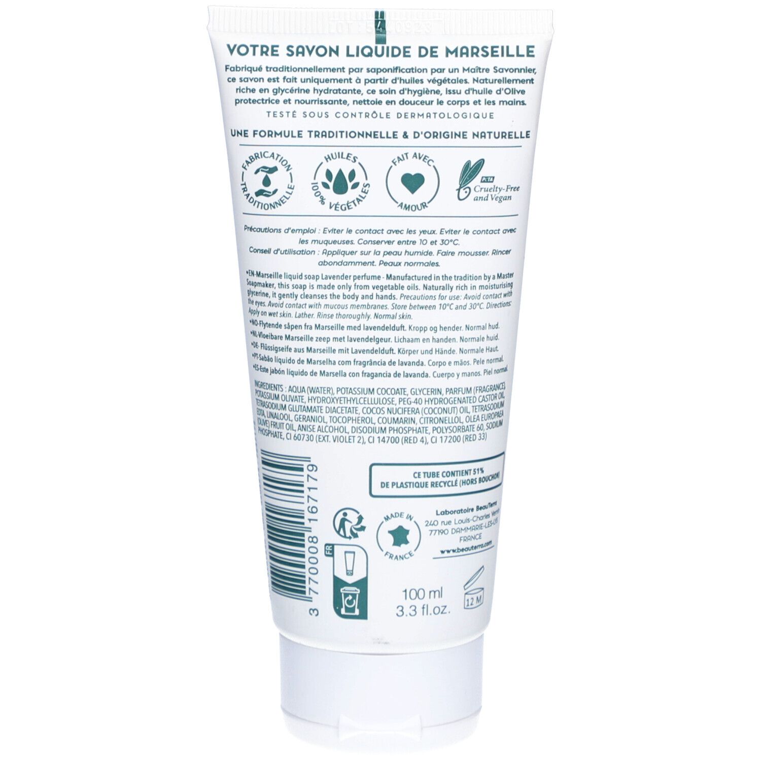 Dos du tube. Texte: Savon liquide de Marseille. Ingrédients, mode d'emploi. 100ml. Symbole de recyclage.