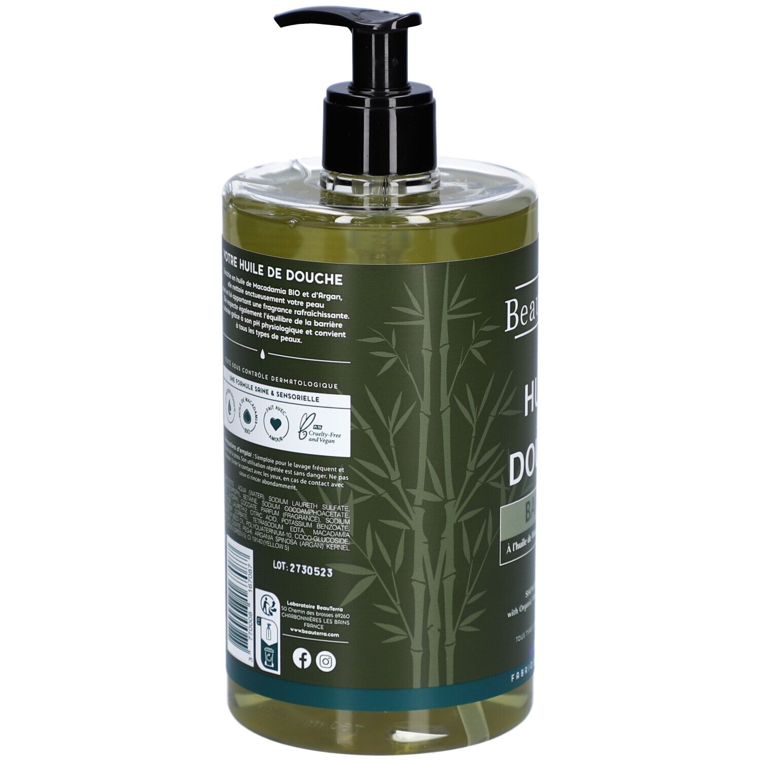 Dos du flacon. Texte en français. Logos: Vegan, testé dermatologiquement, sans cruauté.