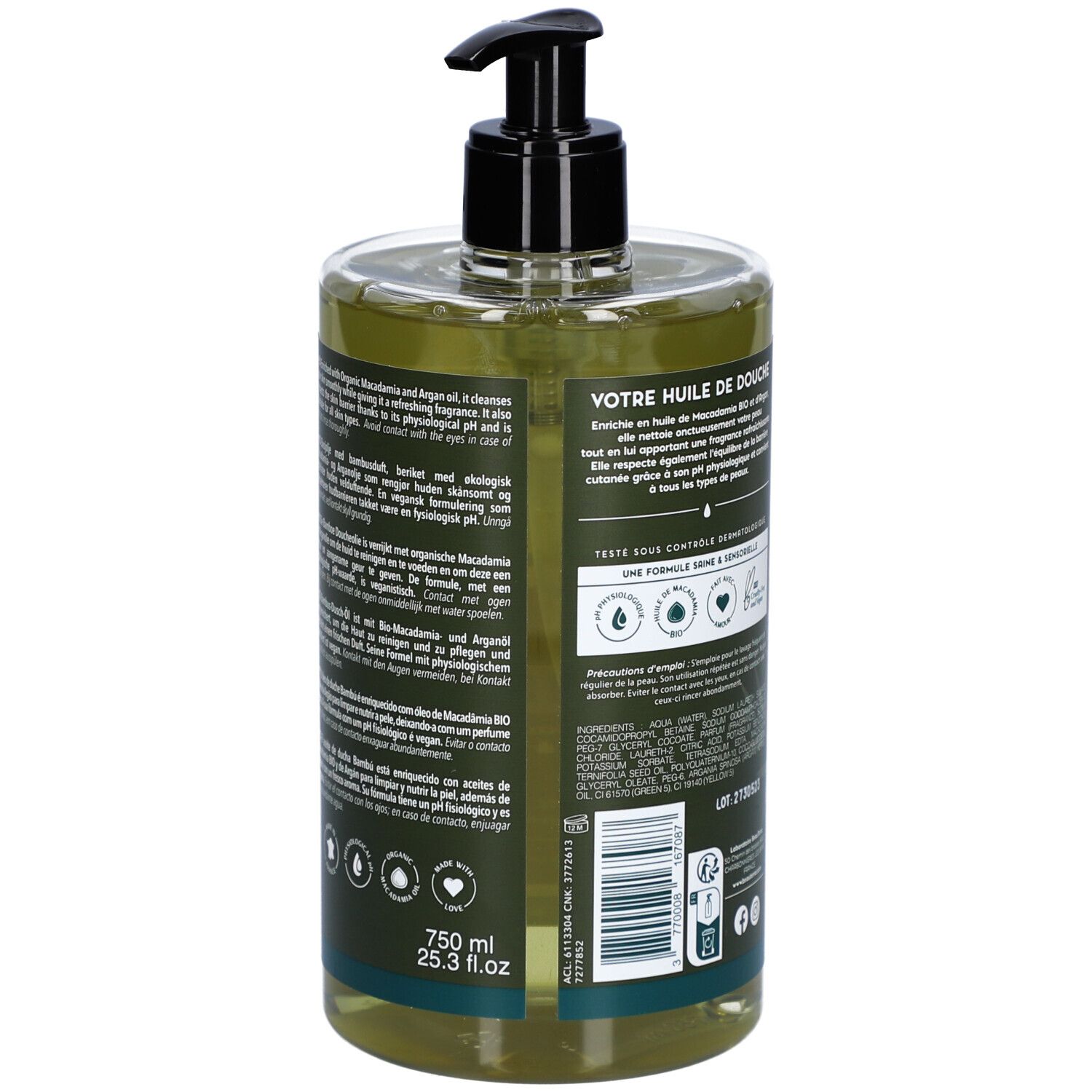 Dos du flacon. Texte en français. Volume: 750 ml. Logos: Vegan, testé dermatologiquement.