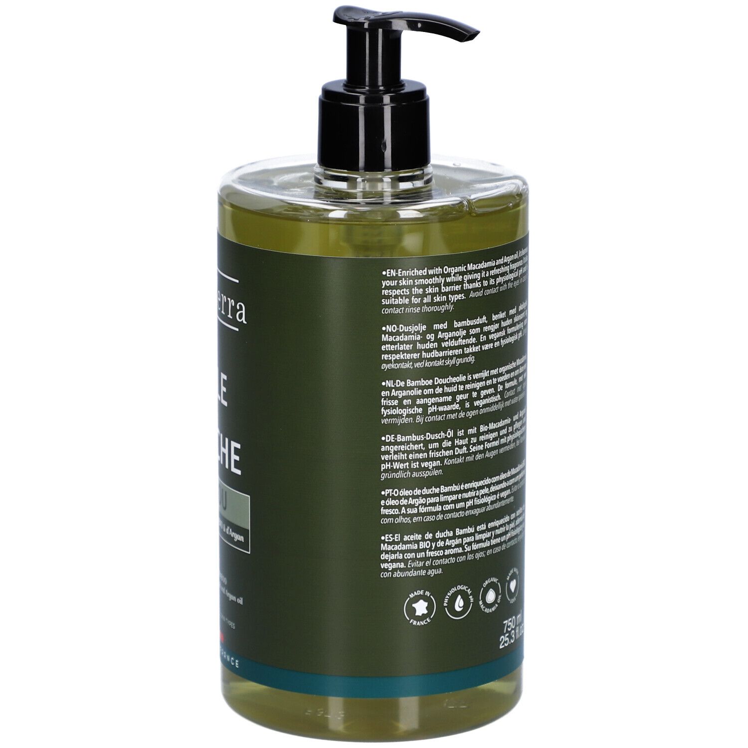 Dos du flacon. Texte multilingue. Volume: 750 ml. Logos: Vegan, testé dermatologiquement.