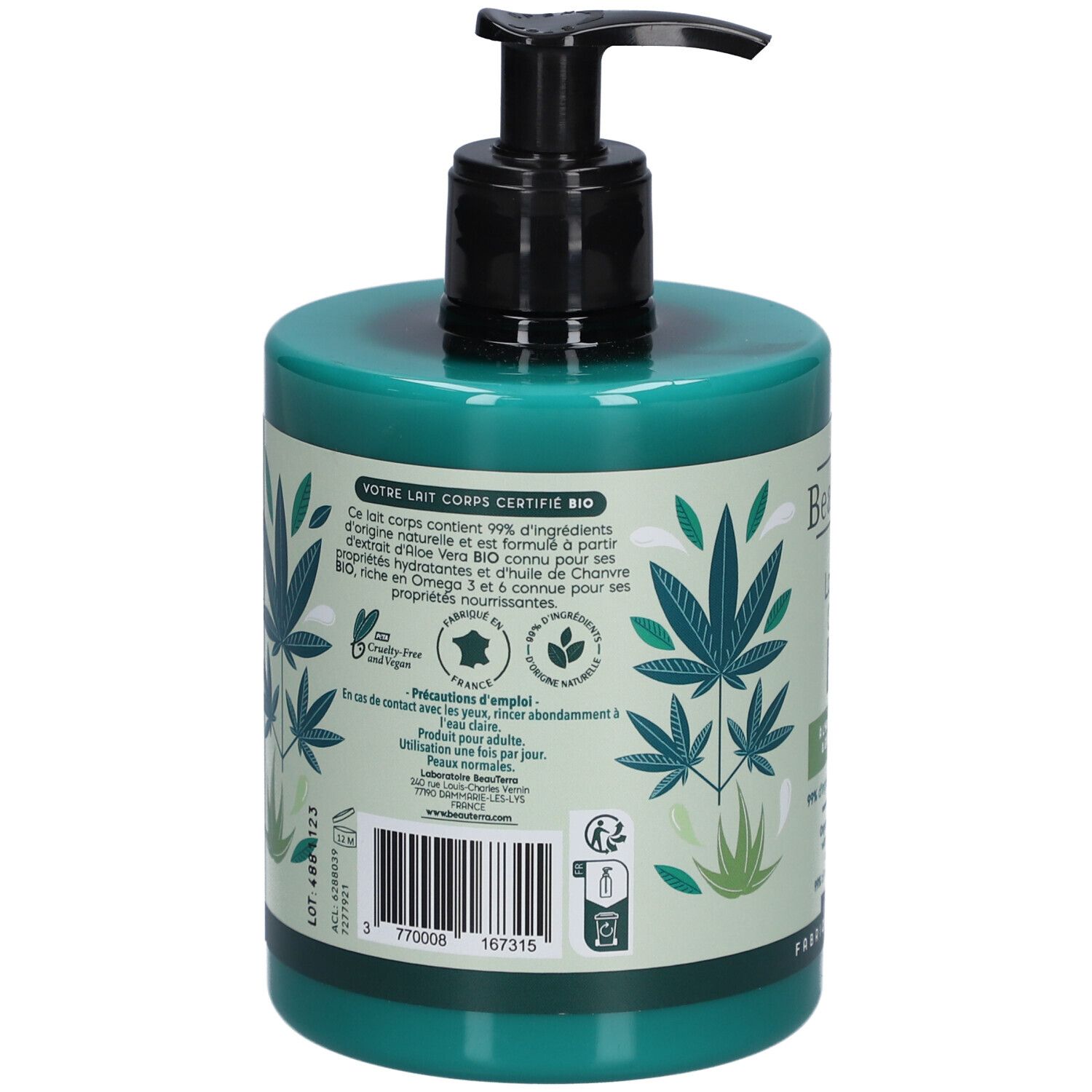 Grüne Flasche mit Pumpe. Rückseite mit Text und Logos. Enthält 99% Inhaltsstoffe natürlichen Ursprungs. Bio-Zertifizierung.