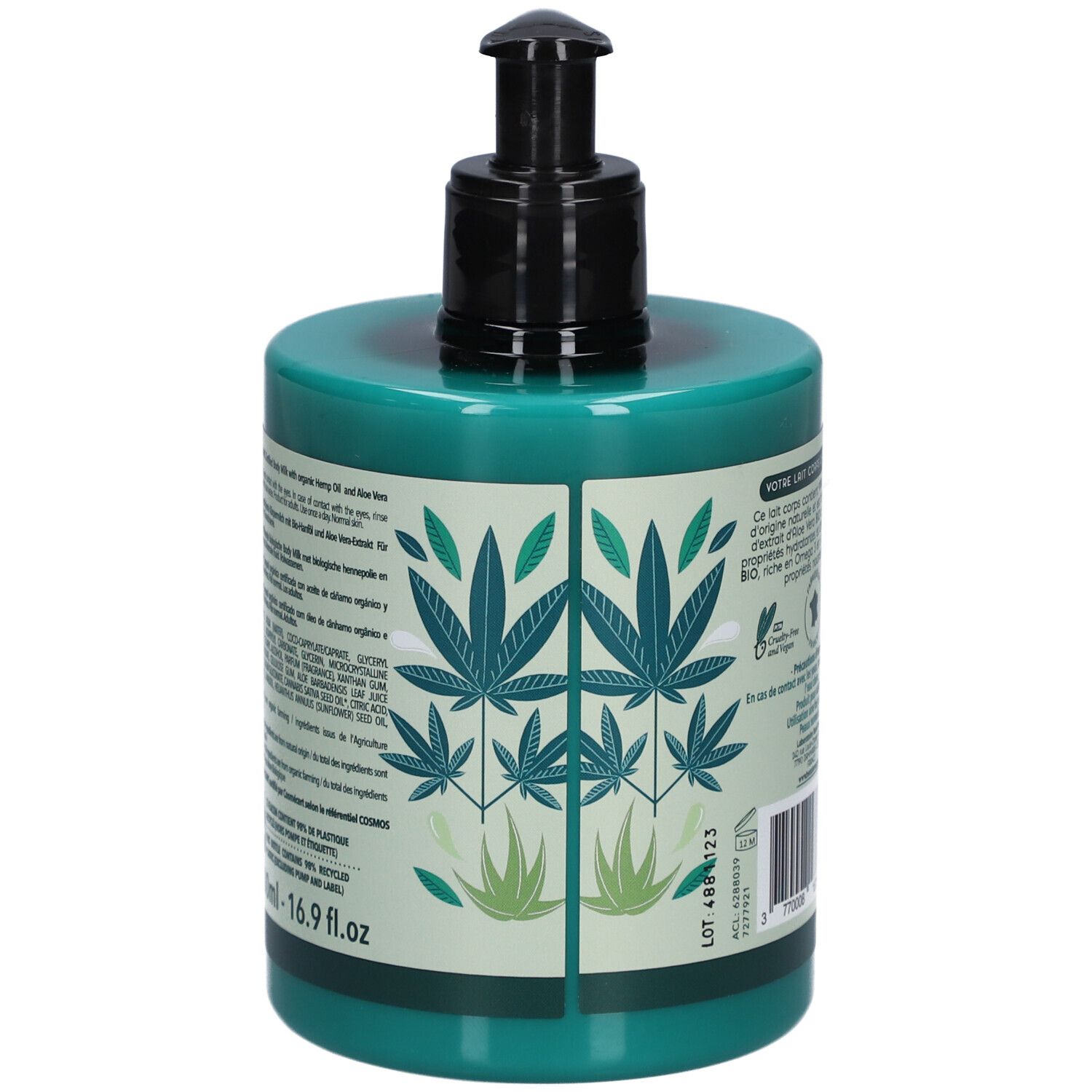 Grüne Flasche mit Pumpe. Rückseite mit Text und Logos. Enthält 99% Inhaltsstoffe natürlichen Ursprungs. Bio-Zertifizierung.