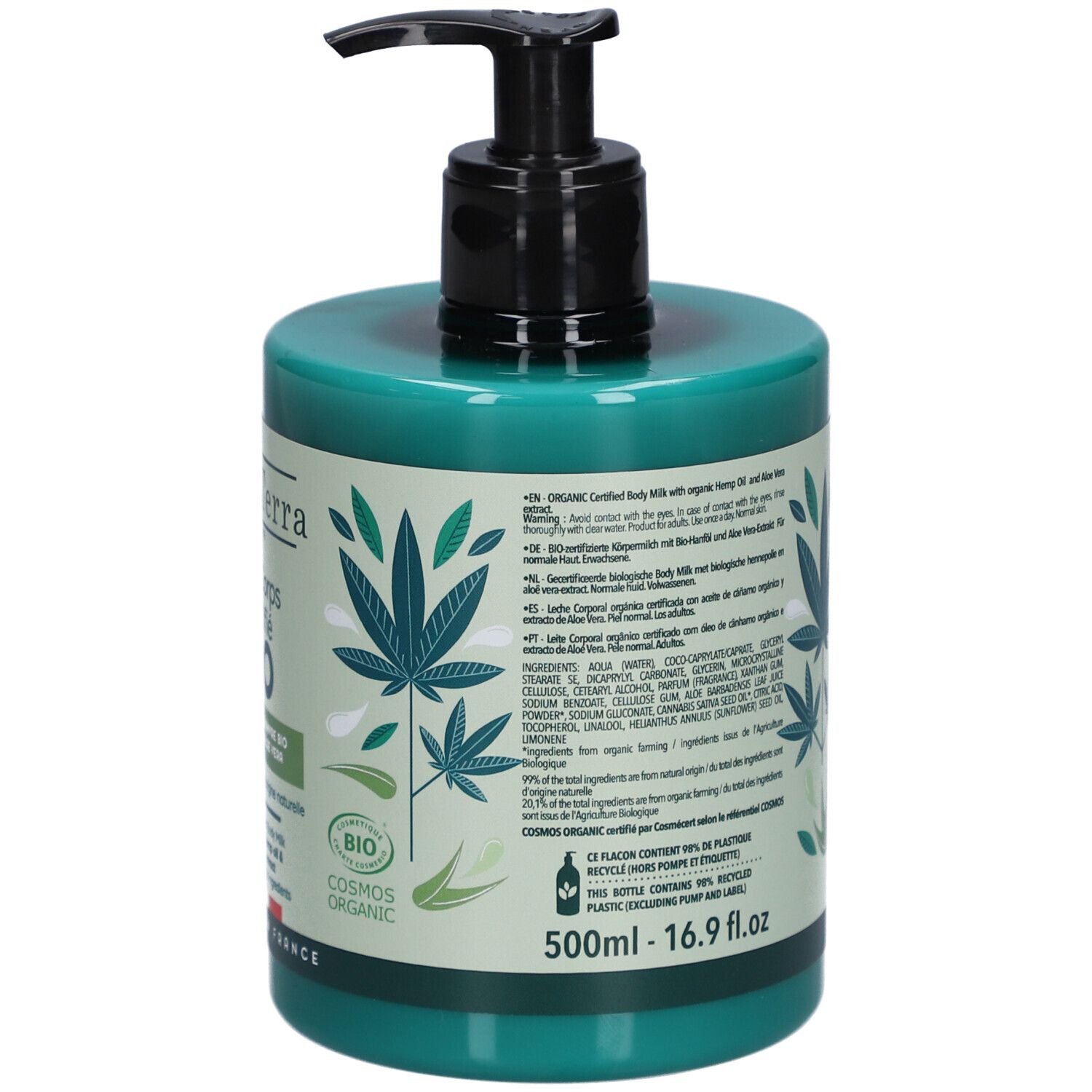 Grüne Flasche mit Pumpe. Rückseite mit Text und Logos. Enthält 99% Inhaltsstoffe natürlichen Ursprungs. Bio-Zertifizierung. 500ml.