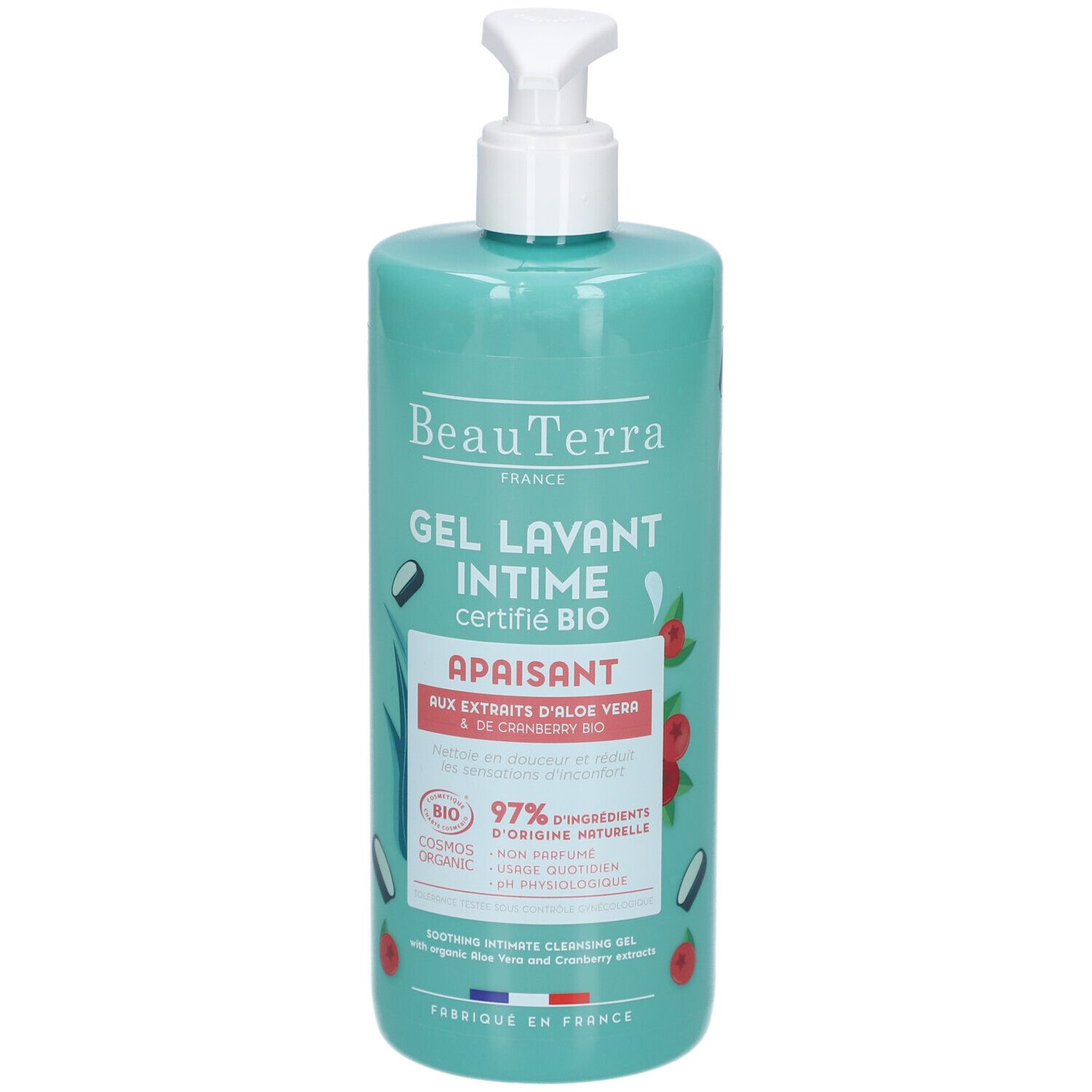 Flacon turquoise avec pompe. Inscription: BeauTerra, Gel Lavant Intime, Apaisant. Certification bio. Extraits de cranberry et aloe vera.
