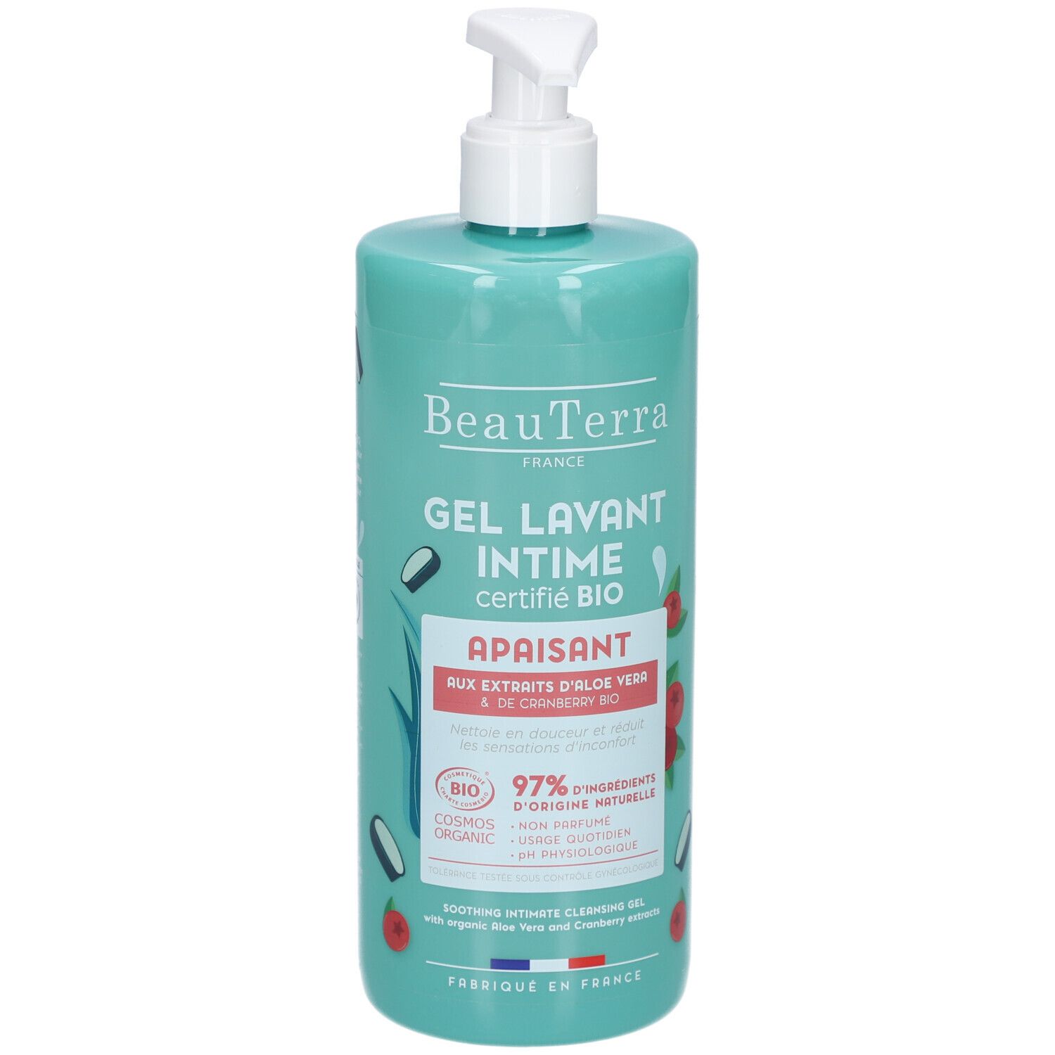 Flacon turquoise avec pompe. Inscription: BeauTerra, Gel Lavant Intime, Apaisant. Certification bio. Extraits de cranberry et aloe vera.