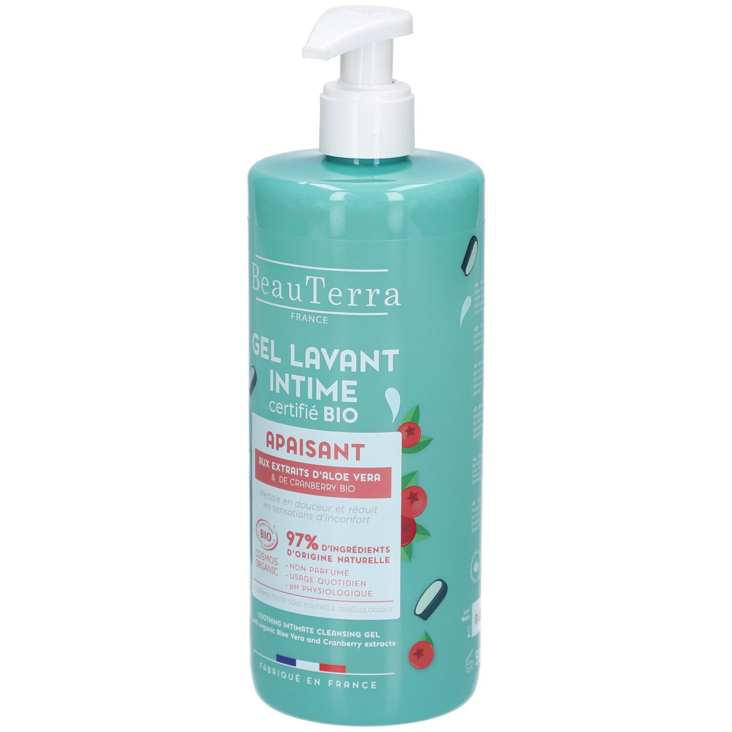 Flacon turquoise avec pompe. Inscription: BeauTerra, Gel Lavant Intime, Apaisant. Certification bio. Extraits de cranberry et aloe vera.