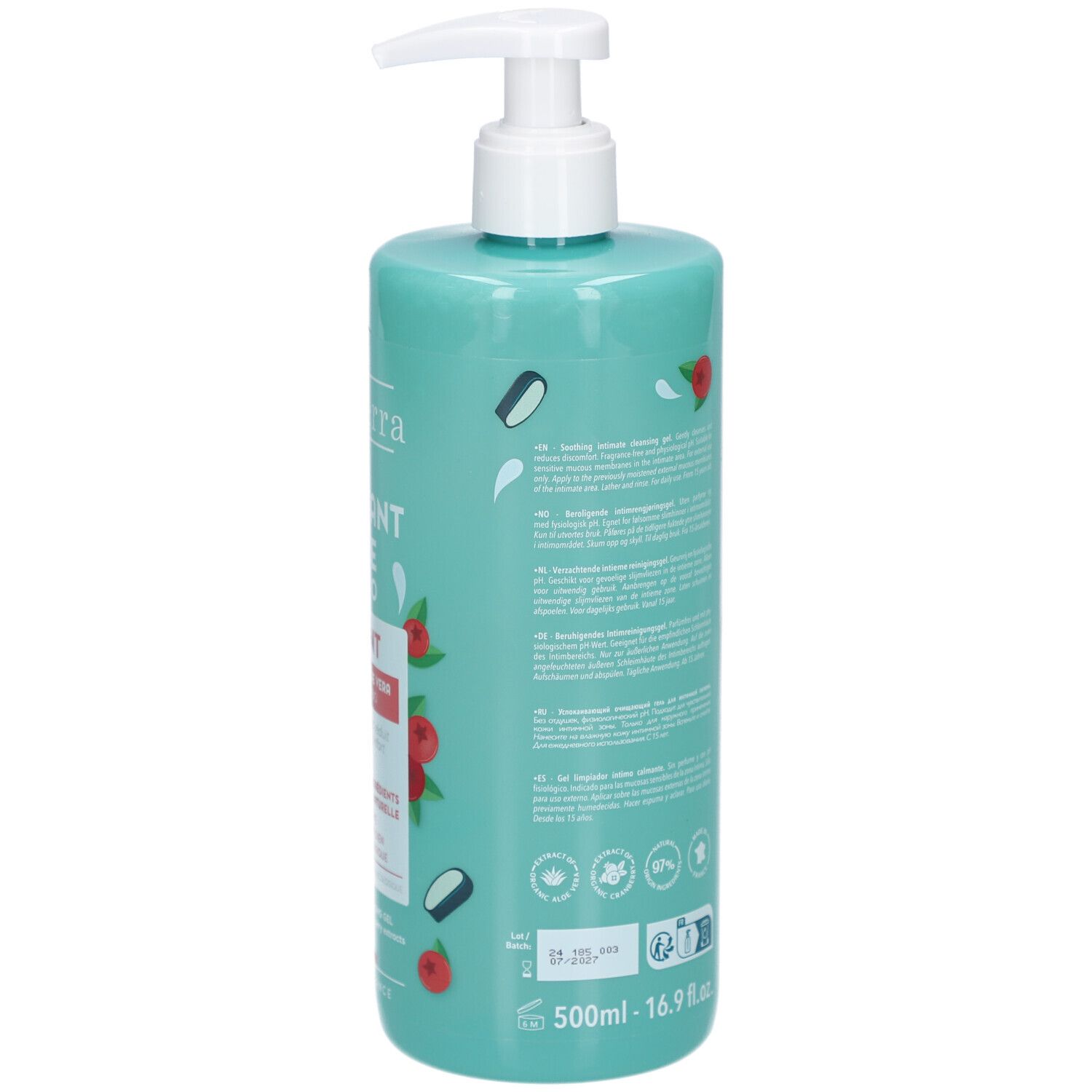 Dos d'un flacon turquoise avec pompe. Texte: Gel Lavant Intime, Apaisant. 500ml. Certifications et logos.