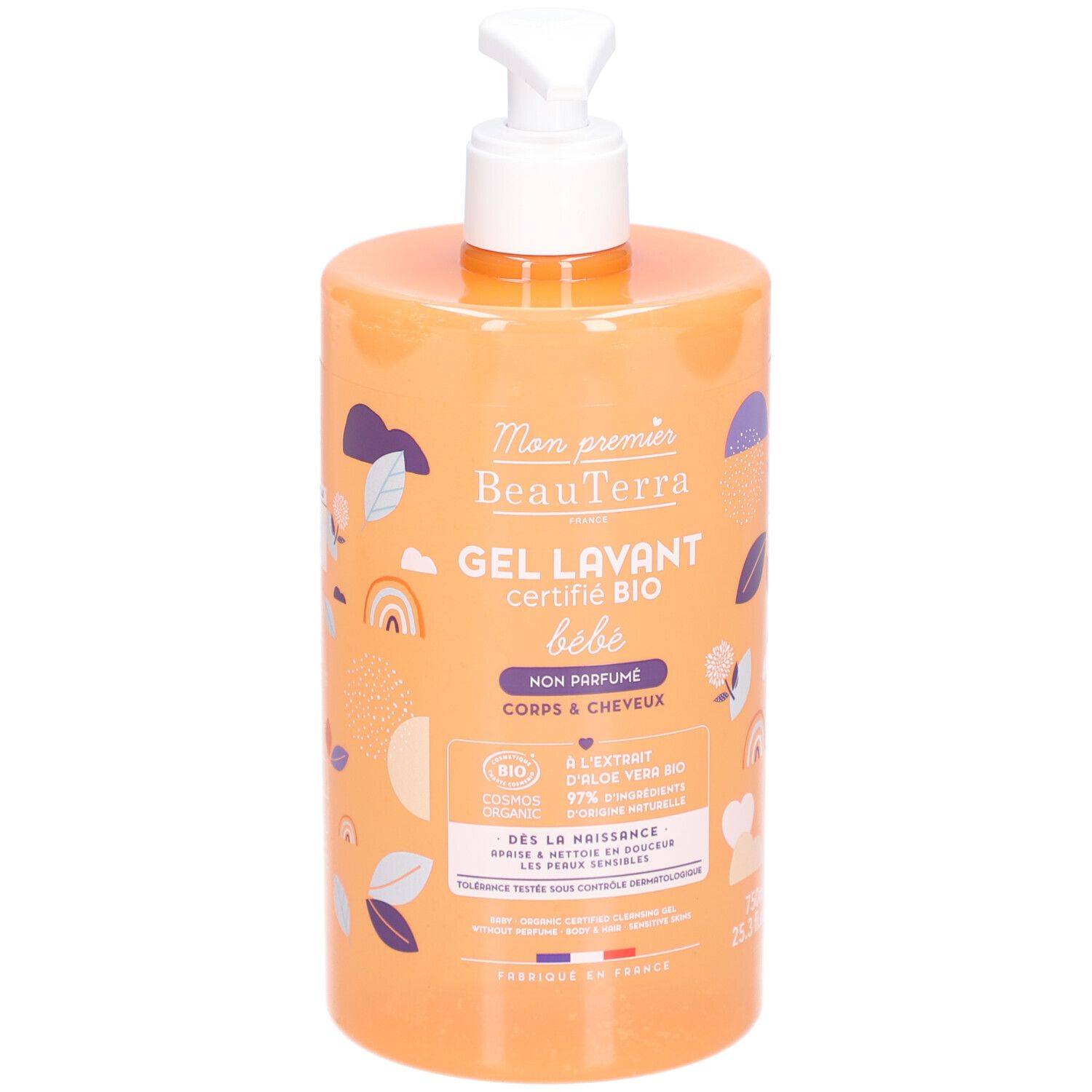 Orangefarbene Flasche mit weißem Pumpkopf. Aufschrift: Mon premier BeauTerra, Gel Lavant, certifié BIO, bébé, non parfumé. Bio-Siegel.