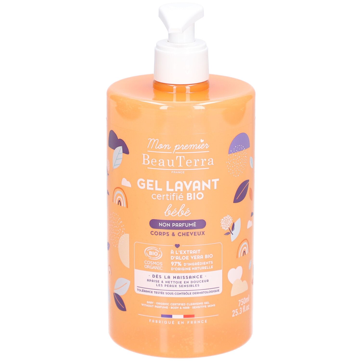 Orangefarbene Flasche mit weißem Pumpkopf. Aufschrift: Mon premier BeauTerra, Gel Lavant, certifié BIO, bébé, non parfumé. Bio-Siegel. 750ml.