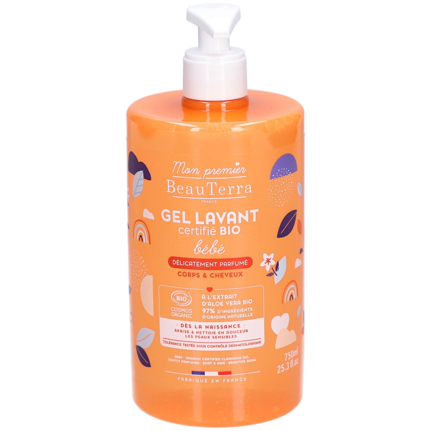 Flacon orange avec pompe blanche. Inscription : "BeauTerra Bio Baby Gel Lavant". Certifications et informations produit.
