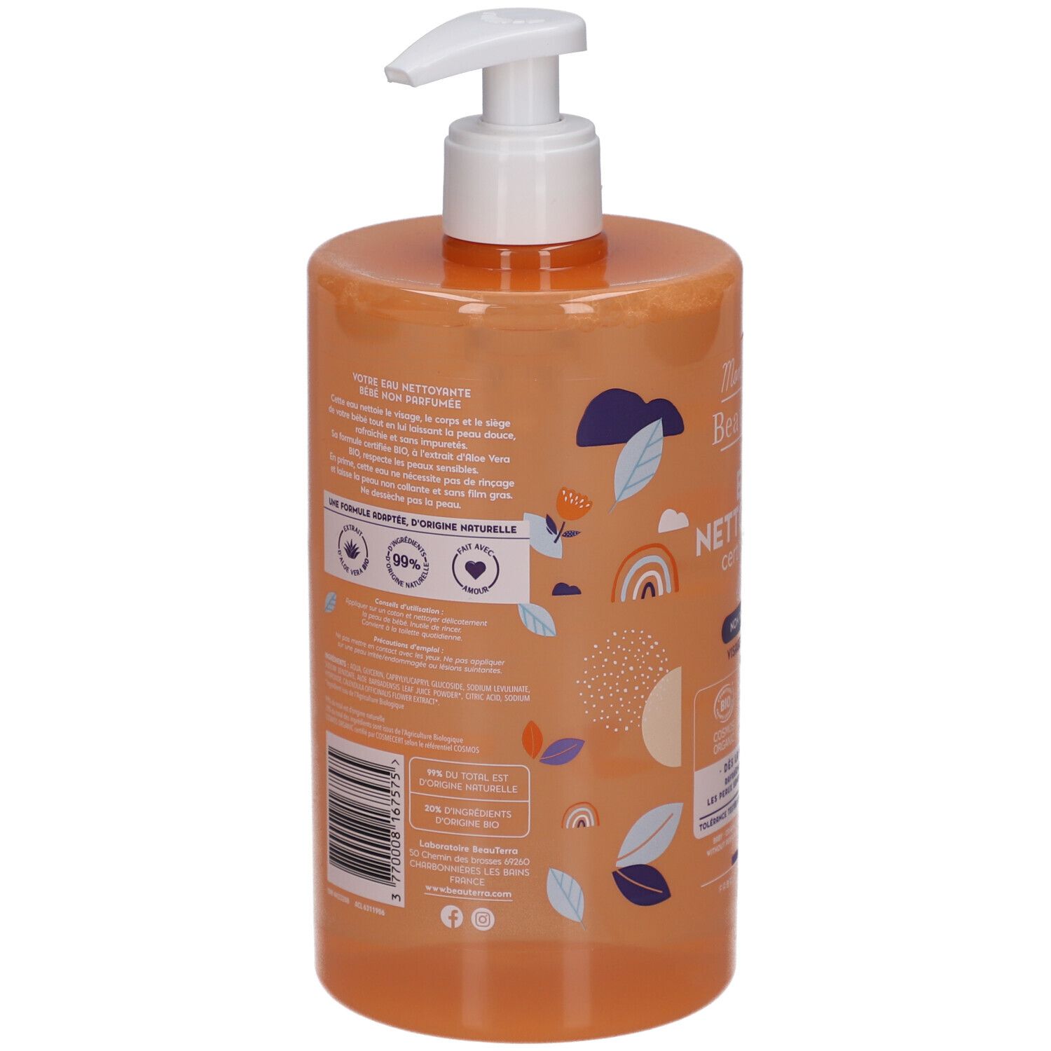 Dos du flacon de nettoyant bébé. Texte et logos. Code-barres. Labels bio et 99% d'ingrédients d'origine naturelle.