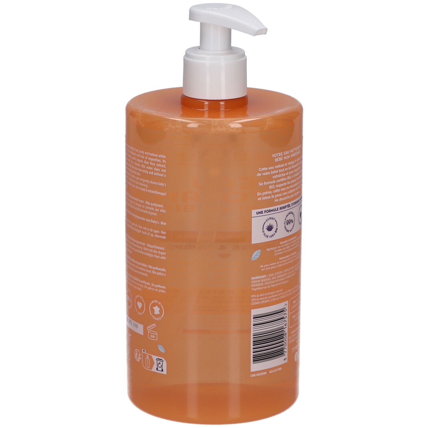 Dos du flacon de nettoyant bébé. Texte et logos. Code-barres. Labels bio et 99% d'ingrédients d'origine naturelle.