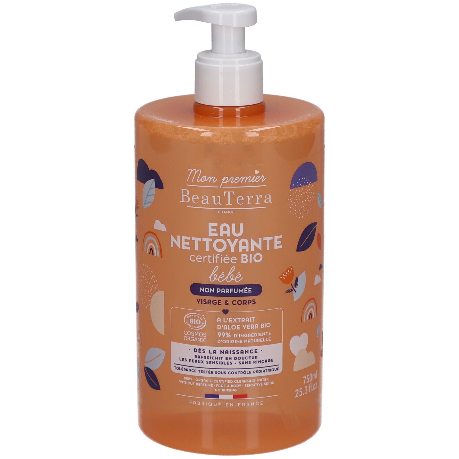 Flacon transparent avec pompe de BeauTerra, Eau Nettoyante certifiée BIO pour bébé. Inscription: Visage & Corps, Non parfumé. Label bio.