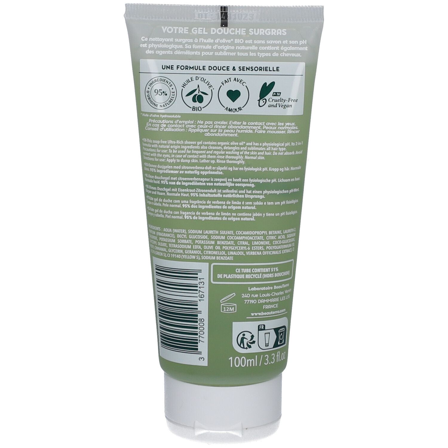 Rückseite der grünen Tube. Text: Gel Douche Surgras. Inhaltsstoffe, Informationen zur Herstellung und Recycling.