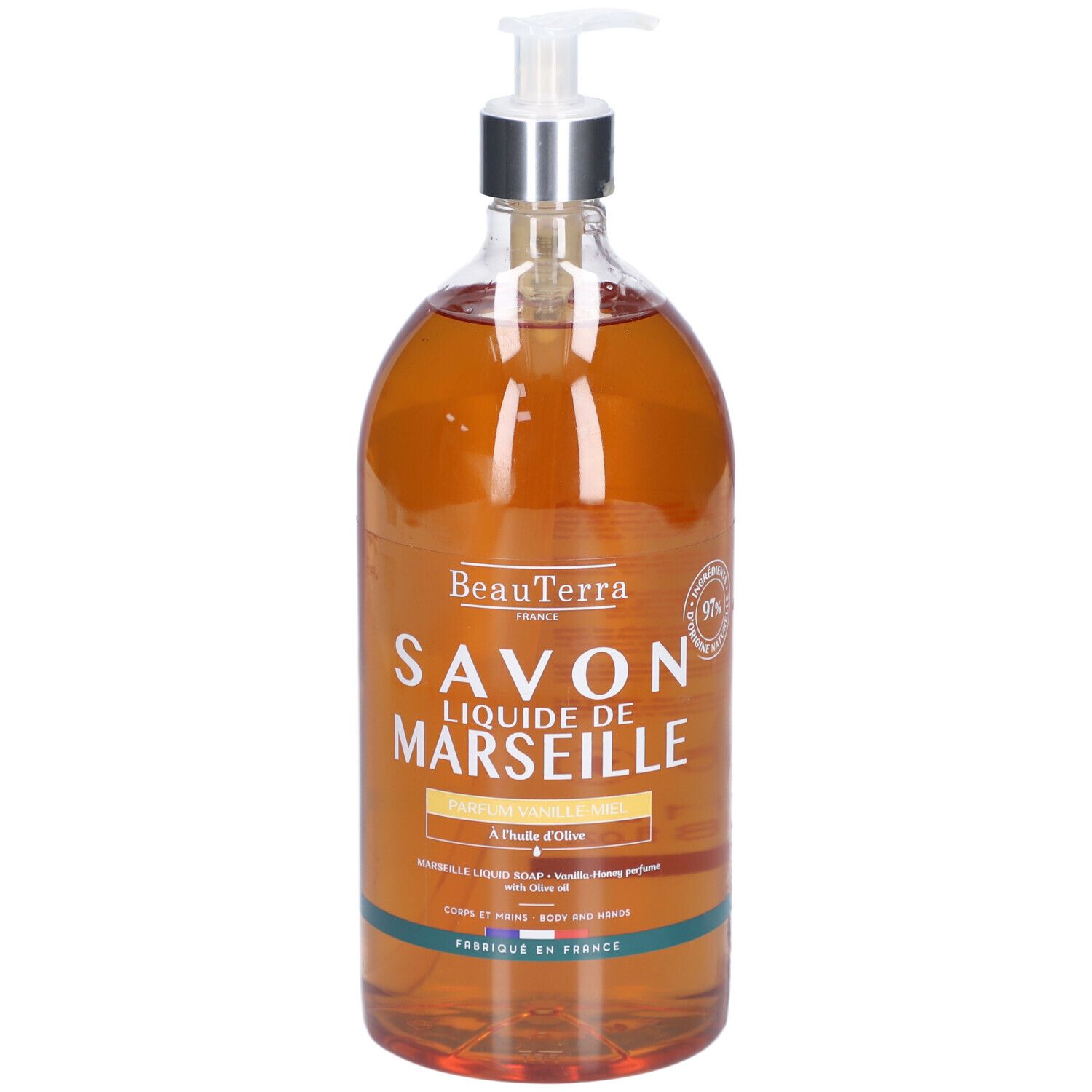 Savon liquide Beauterra de Marseille, parfum vanille-miel. Bouteille transparente avec pompe doseuse. Étiquette produit avec texte.