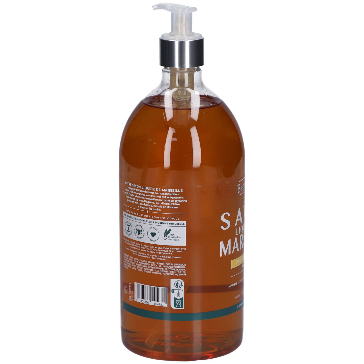 Dos du savon liquide Beauterra. Étiquette avec ingrédients, certifications et texte. Bouteille transparente avec pompe doseuse.