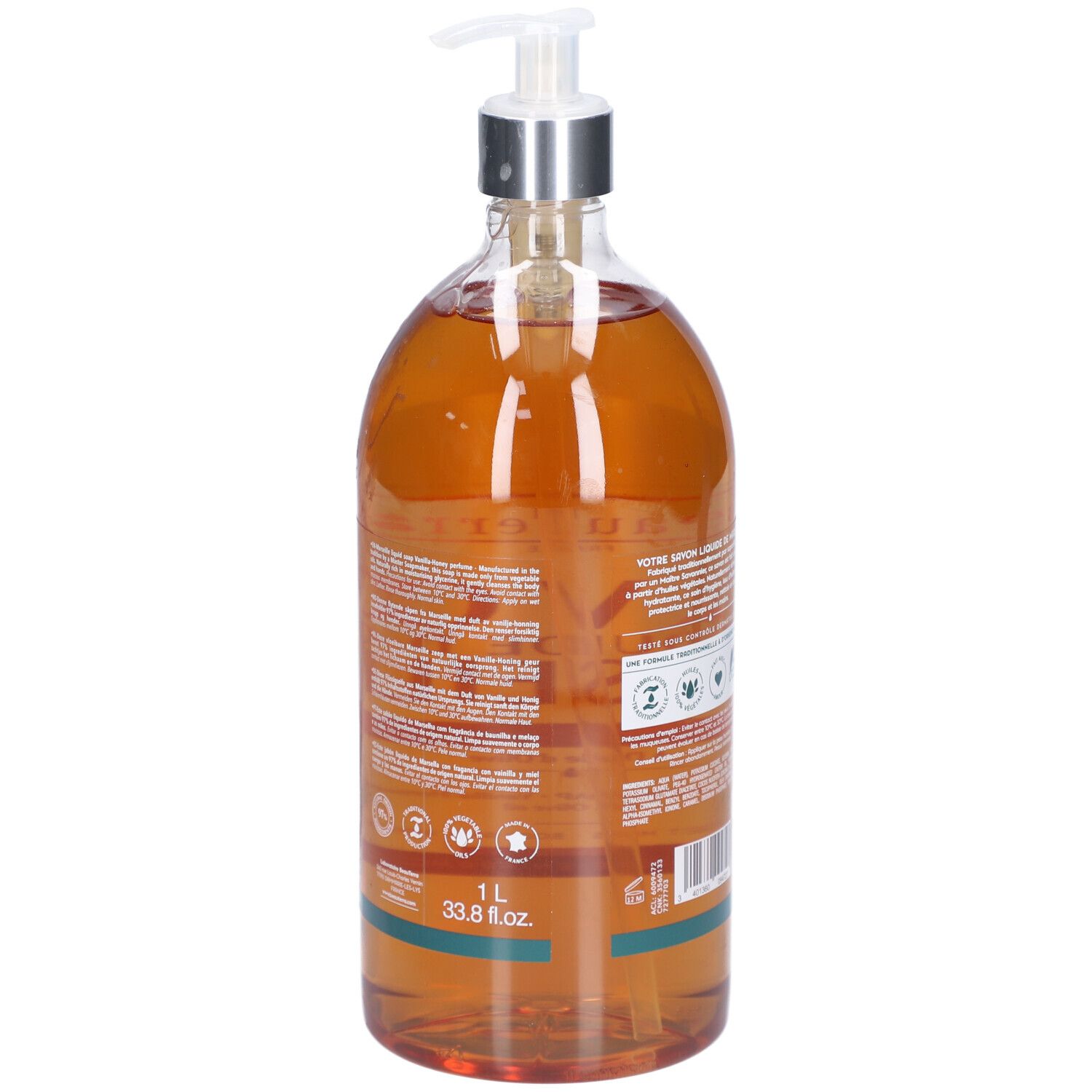 Vue arrière du savon liquide Beauterra. Étiquette avec ingrédients, certifications et texte. Bouteille de 1L.