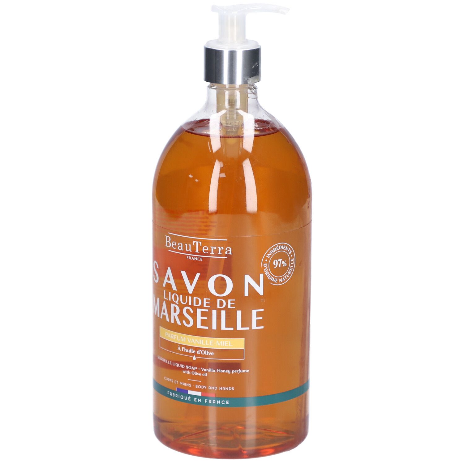 Savon liquide Beauterra de Marseille, parfum vanille-miel. Bouteille transparente avec pompe doseuse. Étiquette avec 97% d'ingrédients naturels.