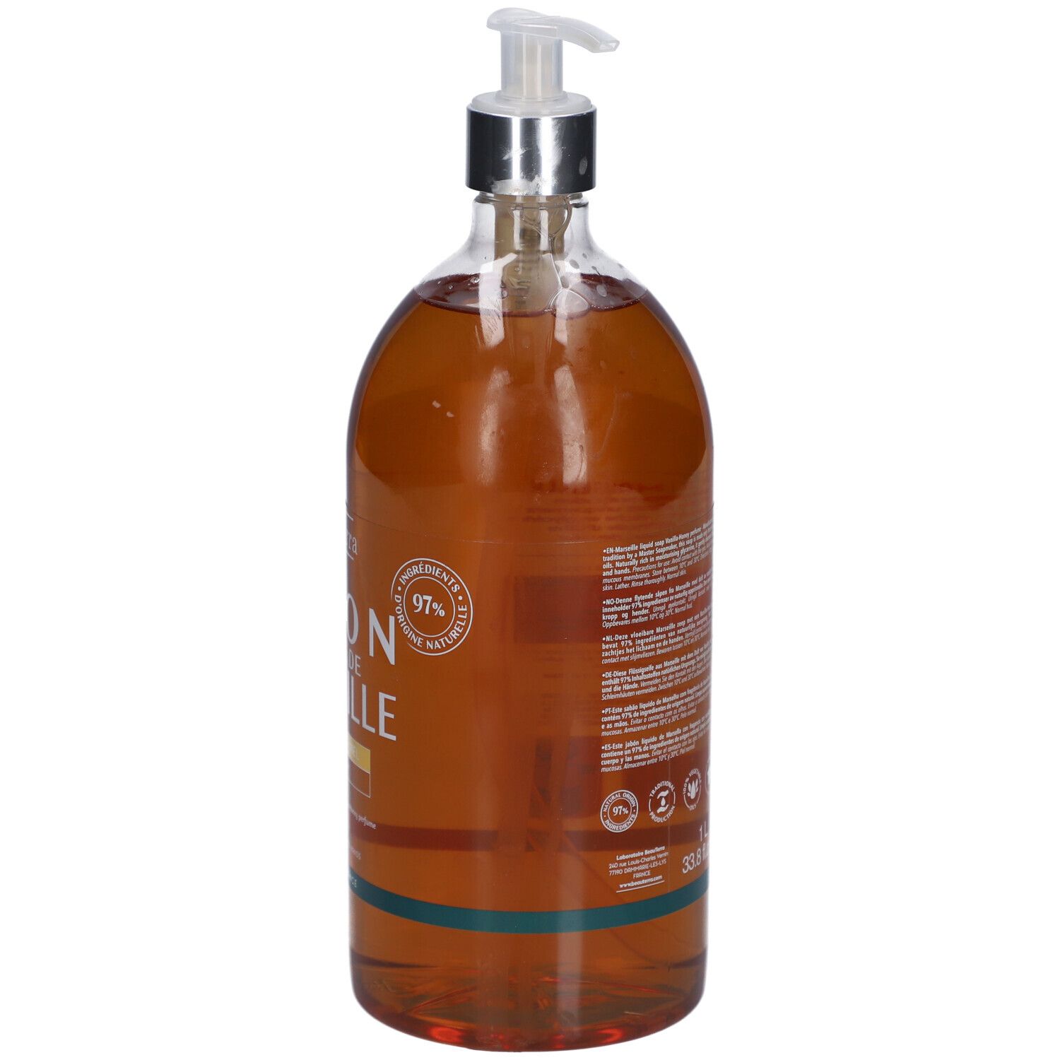 Vue arrière du savon liquide Beauterra. Étiquette avec ingrédients, certifications et texte. 97% d'ingrédients naturels.