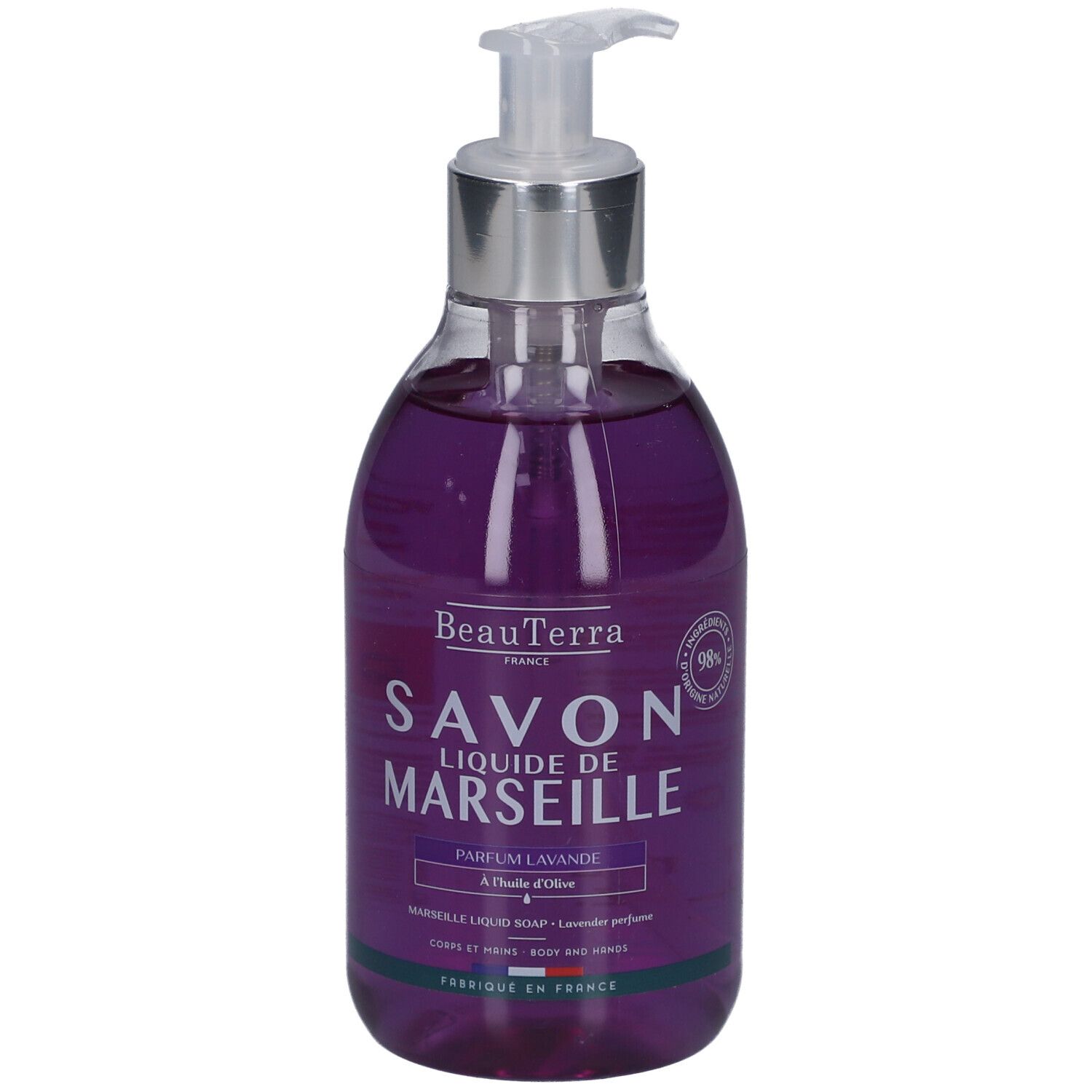 Flacon de savon liquide avec pompe. Liquide violet. Texte: Savon Liquide de Marseille, Parfum Lavande, à l'huile d'olive.