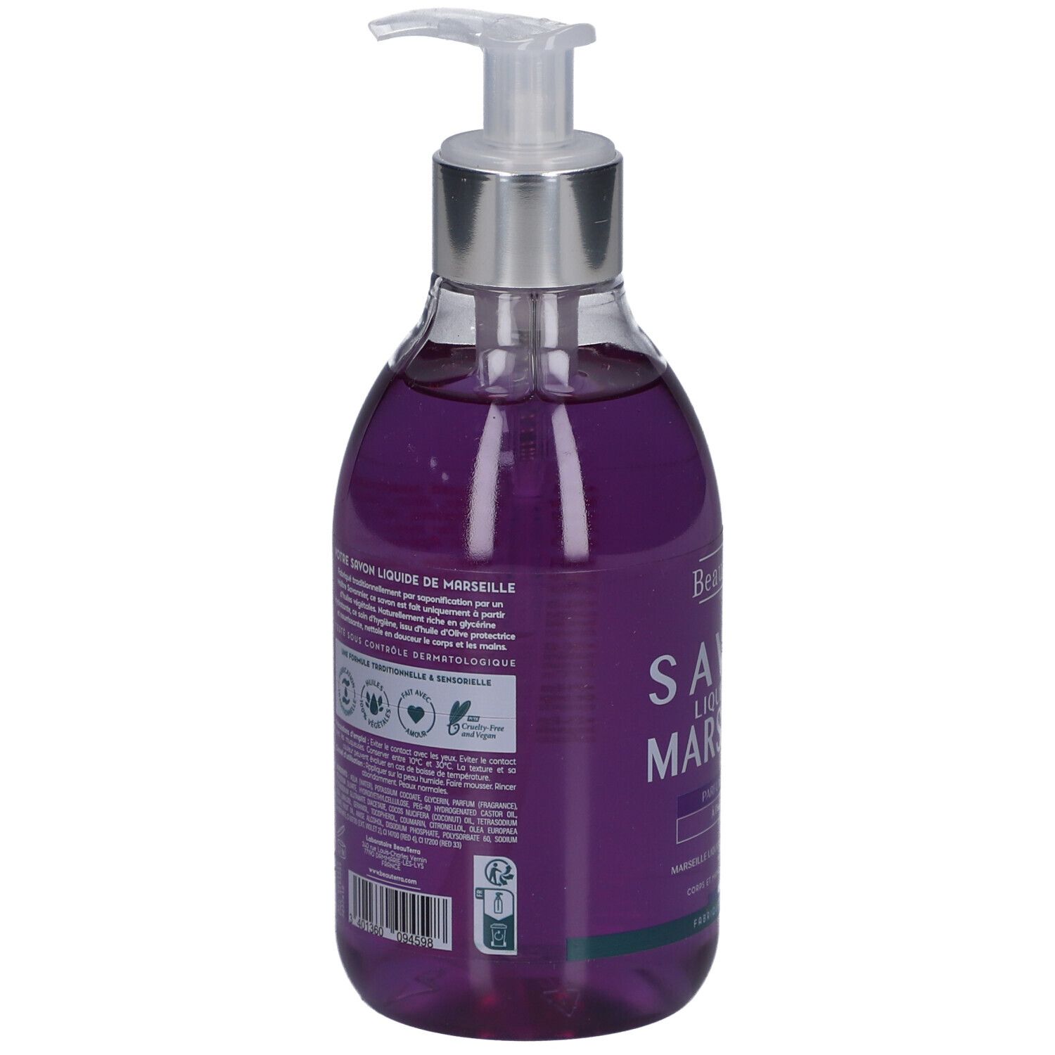 Dos du flacon de savon. Texte: Savon Liquide de Marseille, ingrédients, certifications. 300 ml, 10.1 fl.oz.