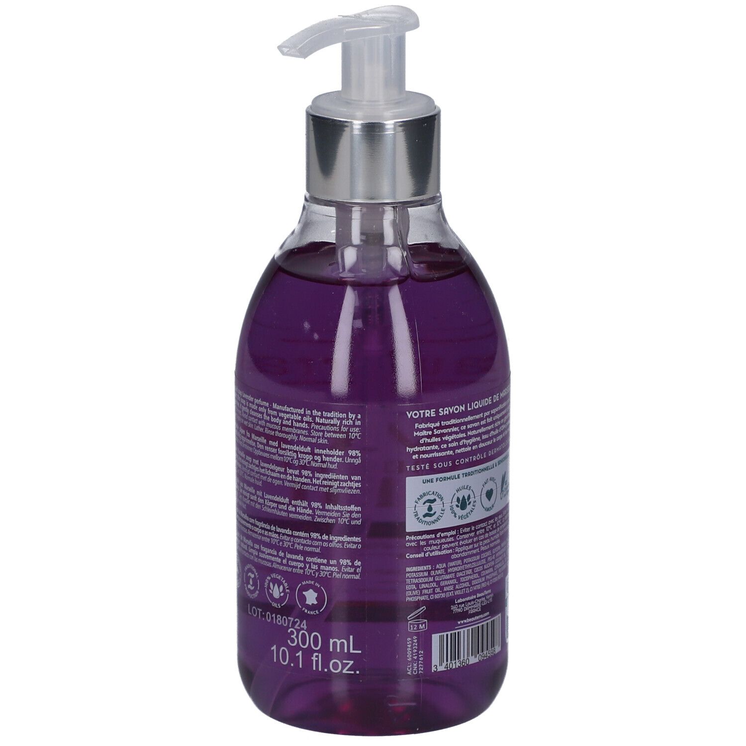 Dos du flacon de savon. Texte: Savon Liquide de Marseille, ingrédients, certifications. 300 ml, 10.1 fl.oz.