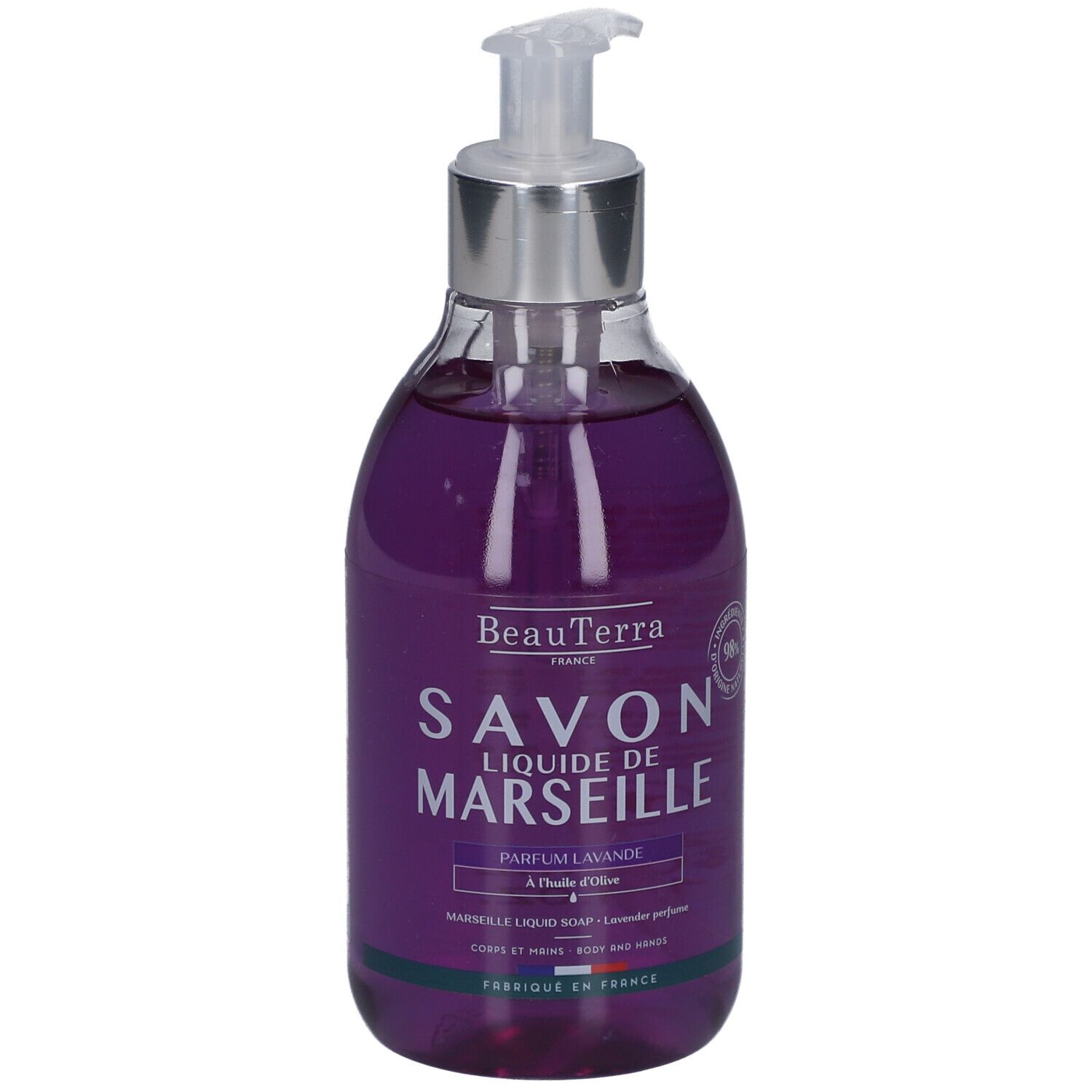 Flacon de savon liquide avec pompe. Liquide violet. Texte: Savon Liquide de Marseille, Parfum Lavande, à l'huile d'olive.