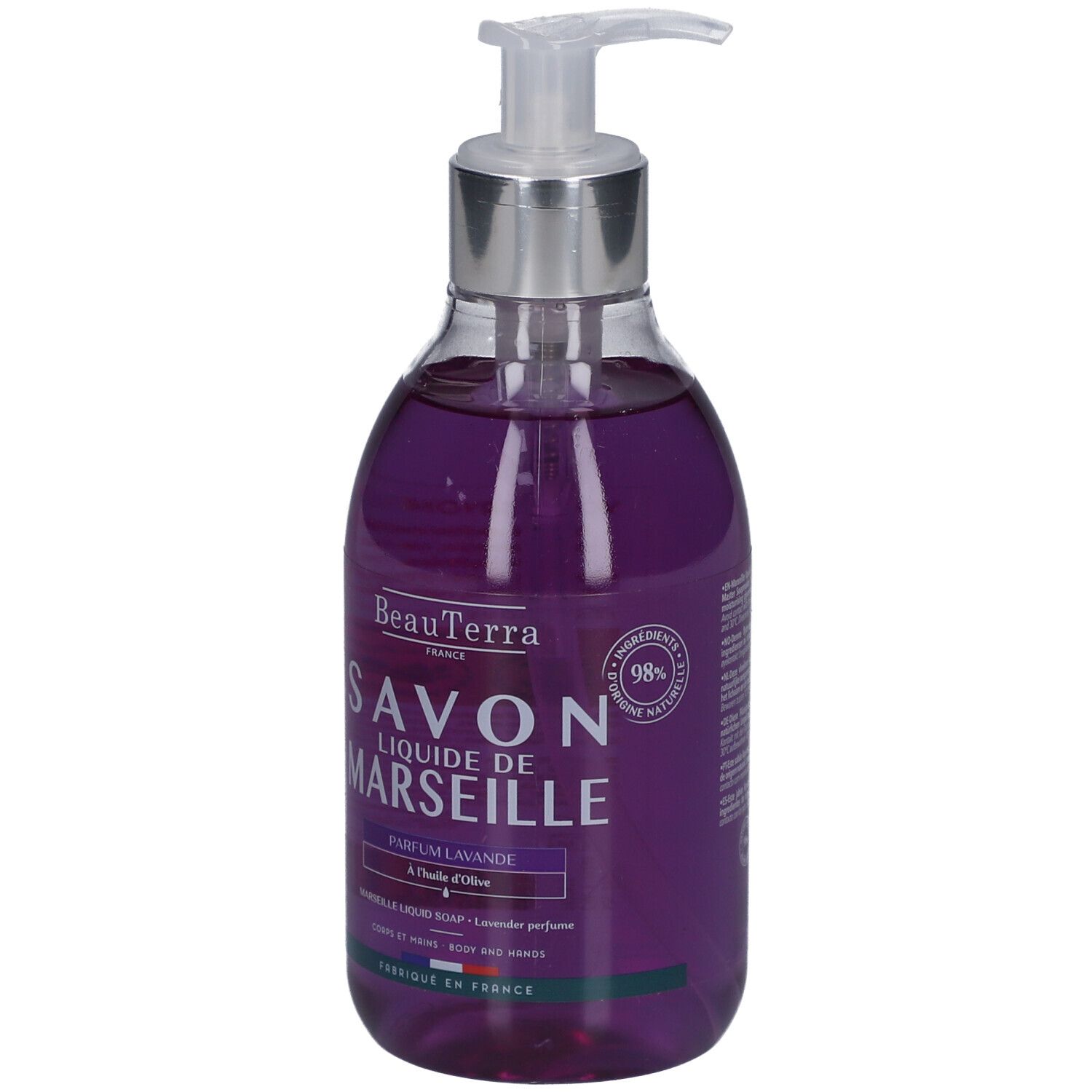 Flacon de savon liquide avec pompe. Liquide violet. Texte: Savon Liquide de Marseille, Parfum Lavande, à l'huile d'olive.