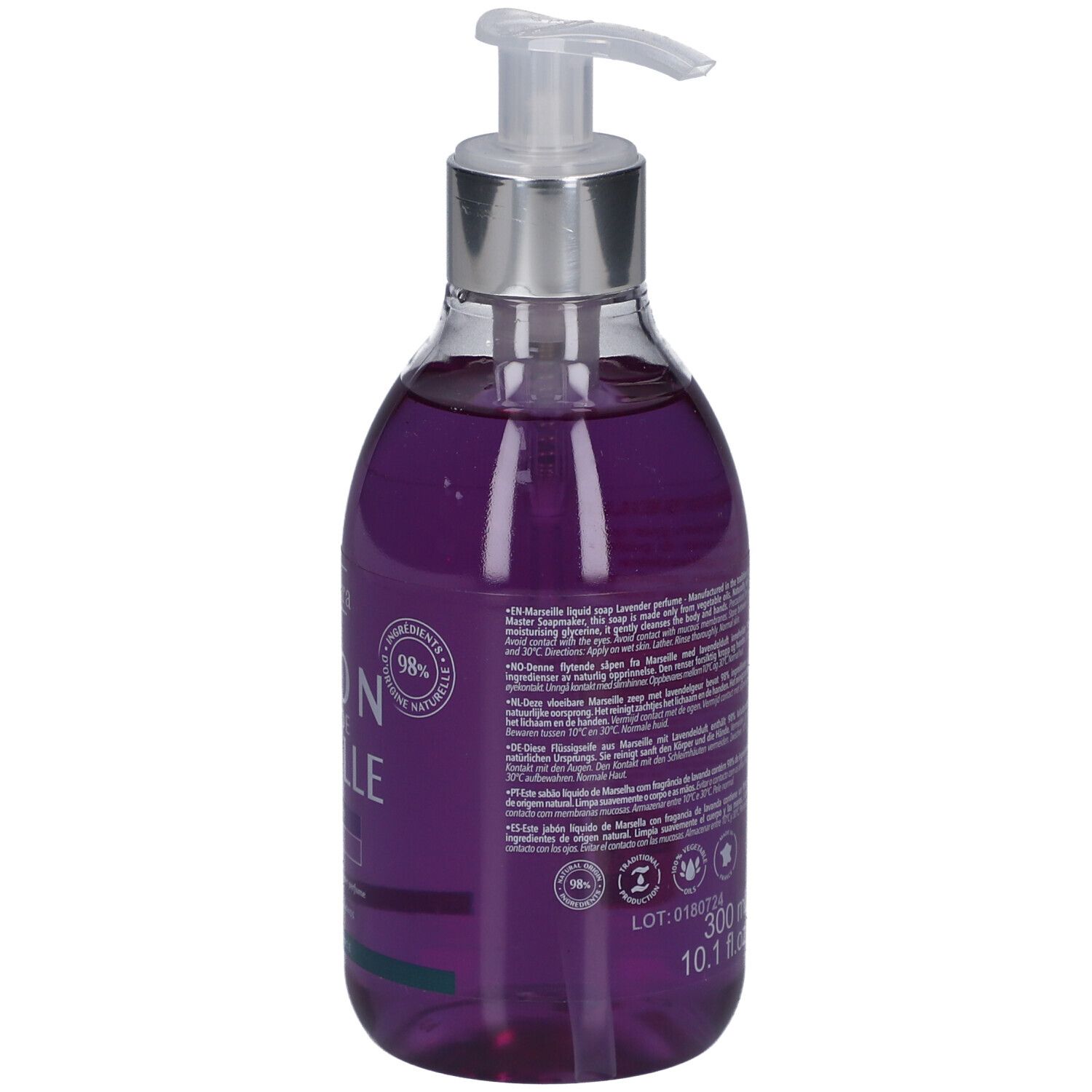 Dos du flacon de savon. Texte: Savon Liquide de Marseille, ingrédients, certifications. 300 ml, 10.1 fl.oz.